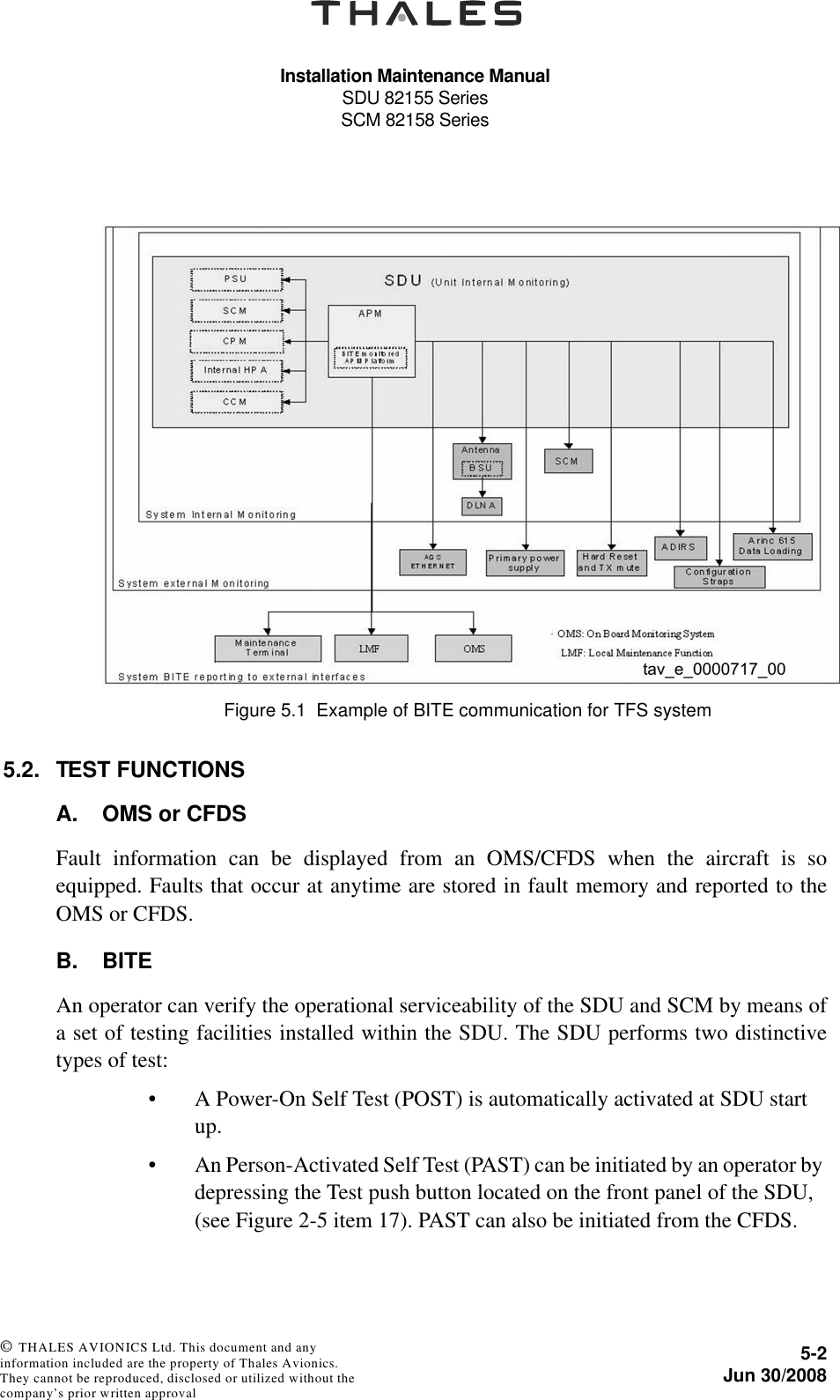 Installation Maintenance ManualSDU 82155 SeriesSCM 82158 Series5-2Jun 30/2008 © THALES AVIONICS Ltd. This document and any information included are the property of Thales Avionics. They cannot be reproduced, disclosed or utilized without the company’s prior written approval 5.2. TEST FUNCTIONSA. OMS or CFDSFault information can be displayed from an OMS/CFDS when the aircraft is soequipped. Faults that occur at anytime are stored in fault memory and reported to theOMS or CFDS. B. BITEAn operator can verify the operational serviceability of the SDU and SCM by means ofa set of testing facilities installed within the SDU. The SDU performs two distinctivetypes of test:• A Power-On Self Test (POST) is automatically activated at SDU start up.• An Person-Activated Self Test (PAST) can be initiated by an operator by depressing the Test push button located on the front panel of the SDU, (see Figure 2-5 item 17). PAST can also be initiated from the CFDS.Figure 5.1  Example of BITE communication for TFS system