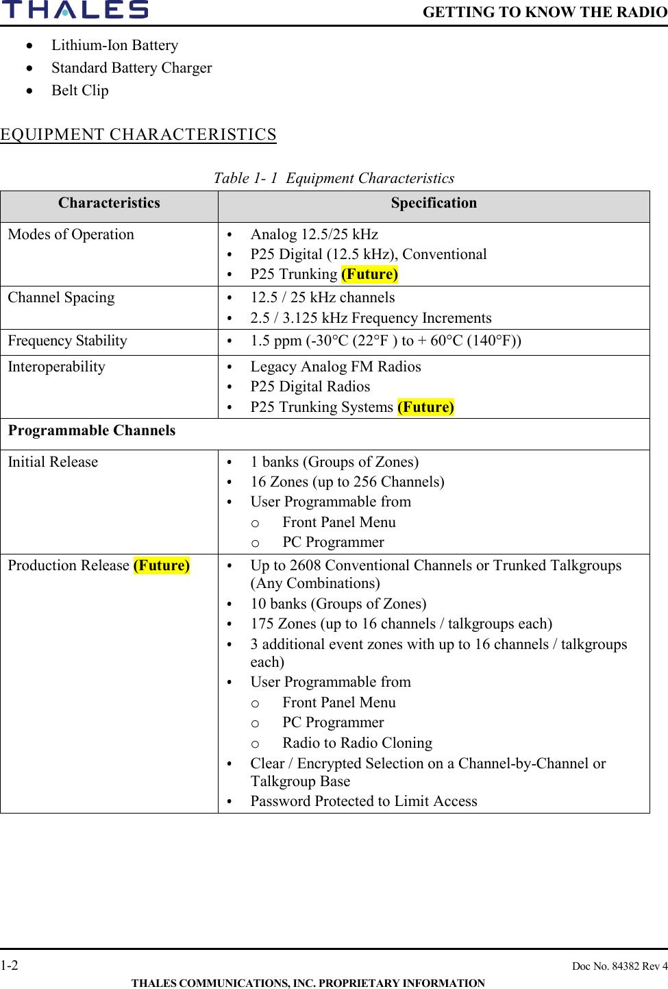    GETTING TO KNOW THE RADIO   1-2    Doc No. 84382 Rev 4  THALES COMMUNICATIONS, INC. PROPRIETARY INFORMATION • Lithium-Ion Battery  • Standard Battery Charger  • Belt Clip   EQUIPMENT CHARACTERISTICS  Table 1- 1  Equipment Characteristics Characteristics Specification Modes of Operation  • Analog 12.5/25 kHz • P25 Digital (12.5 kHz), Conventional • P25 Trunking (Future) Channel Spacing  • 12.5 / 25 kHz channels • 2.5 / 3.125 kHz Frequency Increments Frequency Stability • 1.5 ppm (-30°C (22°F ) to + 60°C (140°F))  Interoperability  • Legacy Analog FM Radios • P25 Digital Radios • P25 Trunking Systems (Future) Programmable Channels Initial Release   • 1 banks (Groups of Zones) • 16 Zones (up to 256 Channels)  • User Programmable from o Front Panel Menu o PC Programmer Production Release (Future) • Up to 2608 Conventional Channels or Trunked Talkgroups (Any Combinations) • 10 banks (Groups of Zones) • 175 Zones (up to 16 channels / talkgroups each) • 3 additional event zones with up to 16 channels / talkgroups each) • User Programmable from o Front Panel Menu o PC Programmer o Radio to Radio Cloning • Clear / Encrypted Selection on a Channel-by-Channel or Talkgroup Base • Password Protected to Limit Access    