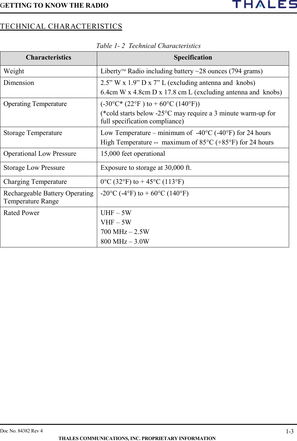 GETTING TO KNOW THE RADIO        Doc No. 84382 Rev 4     THALES COMMUNICATIONS, INC. PROPRIETARY INFORMATION 1-3 TECHNICAL CHARACTERISTICS  Table 1- 2  Technical Characteristics Characteristics Specification Weight LibertyTM Radio including battery ~28 ounces (794 grams) Dimension  2.5” W x 1.9” D x 7” L (excluding antenna and  knobs) 6.4cm W x 4.8cm D x 17.8 cm L (excluding antenna and  knobs) Operating Temperature  (-30°C* (22°F ) to + 60°C (140°F))  (*cold starts below -25°C may require a 3 minute warm-up for full specification compliance) Storage Temperature  Low Temperature – minimum of  -40°C (-40°F) for 24 hours  High Temperature --  maximum of 85°C (+85°F) for 24 hours  Operational Low Pressure  15,000 feet operational   Storage Low Pressure  Exposure to storage at 30,000 ft.   Charging Temperature  0°C (32°F) to + 45°C (113°F) Rechargeable Battery Operating Temperature Range -20°C (-4°F) to + 60°C (140°F) Rated Power UHF – 5W VHF – 5W 700 MHz – 2.5W 800 MHz – 3.0W        