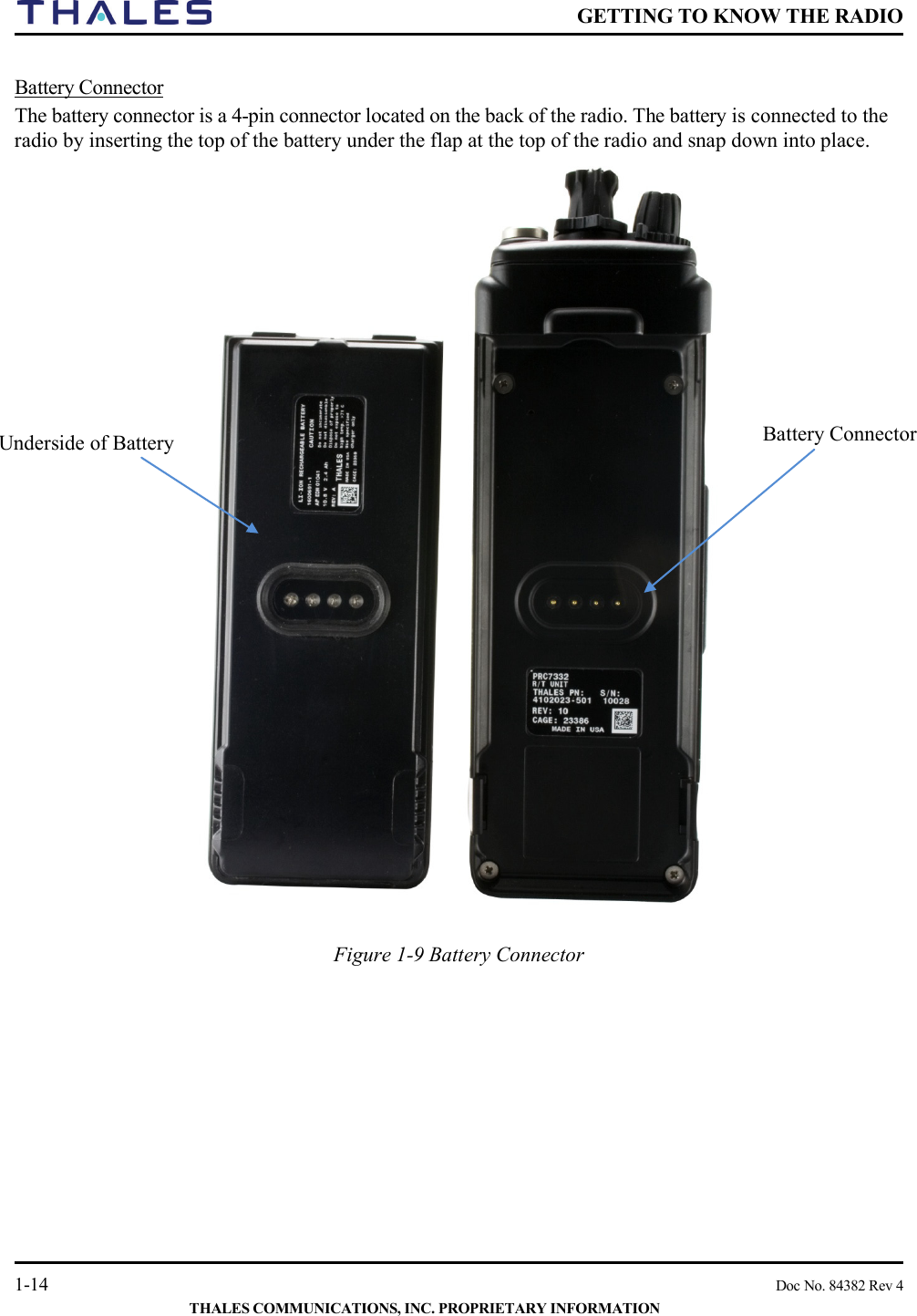    GETTING TO KNOW THE RADIO   1-14    Doc No. 84382 Rev 4  THALES COMMUNICATIONS, INC. PROPRIETARY INFORMATION  Battery Connector The battery connector is a 4-pin connector located on the back of the radio. The battery is connected to the radio by inserting the top of the battery under the flap at the top of the radio and snap down into place.     Figure 1-9 Battery Connector     Battery Connector Underside of Battery  