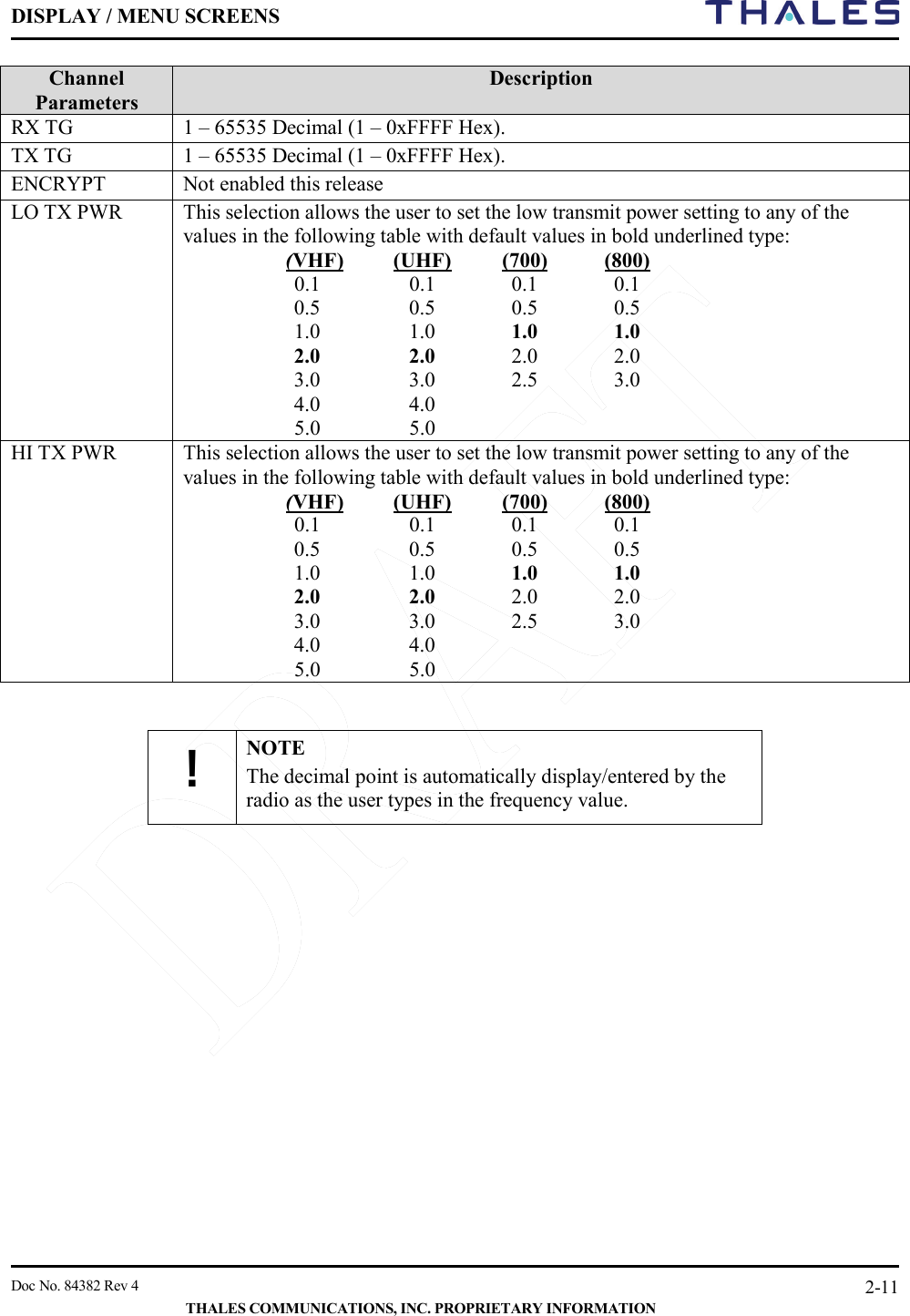 DISPLAY / MENU SCREENS         Doc No. 84382 Rev 4     THALES COMMUNICATIONS, INC. PROPRIETARY INFORMATION 2-11 Channel Parameters  Description RX TG 1 – 65535 Decimal (1 – 0xFFFF Hex).  TX TG 1 – 65535 Decimal (1 – 0xFFFF Hex).  ENCRYPT Not enabled this release LO TX PWR This selection allows the user to set the low transmit power setting to any of the values in the following table with default values in bold underlined type:  (VHF) (UHF)  (700)  (800) 0.1  0.1  0.1  0.1 0.5  0.5  0.5  0.5 1.0  1.0  1.0  1.0 2.0  2.0  2.0  2.0 3.0  3.0  2.5  3.0  4.0  4.0   5.0  5.0   HI TX PWR This selection allows the user to set the low transmit power setting to any of the values in the following table with default values in bold underlined type: (VHF) (UHF)  (700)  (800) 0.1  0.1  0.1  0.1 0.5  0.5  0.5  0.5 1.0  1.0  1.0  1.0 2.0  2.0  2.0  2.0 3.0  3.0  2.5  3.0  4.0  4.0   5.0  5.0     ! NOTE The decimal point is automatically display/entered by the radio as the user types in the frequency value.      