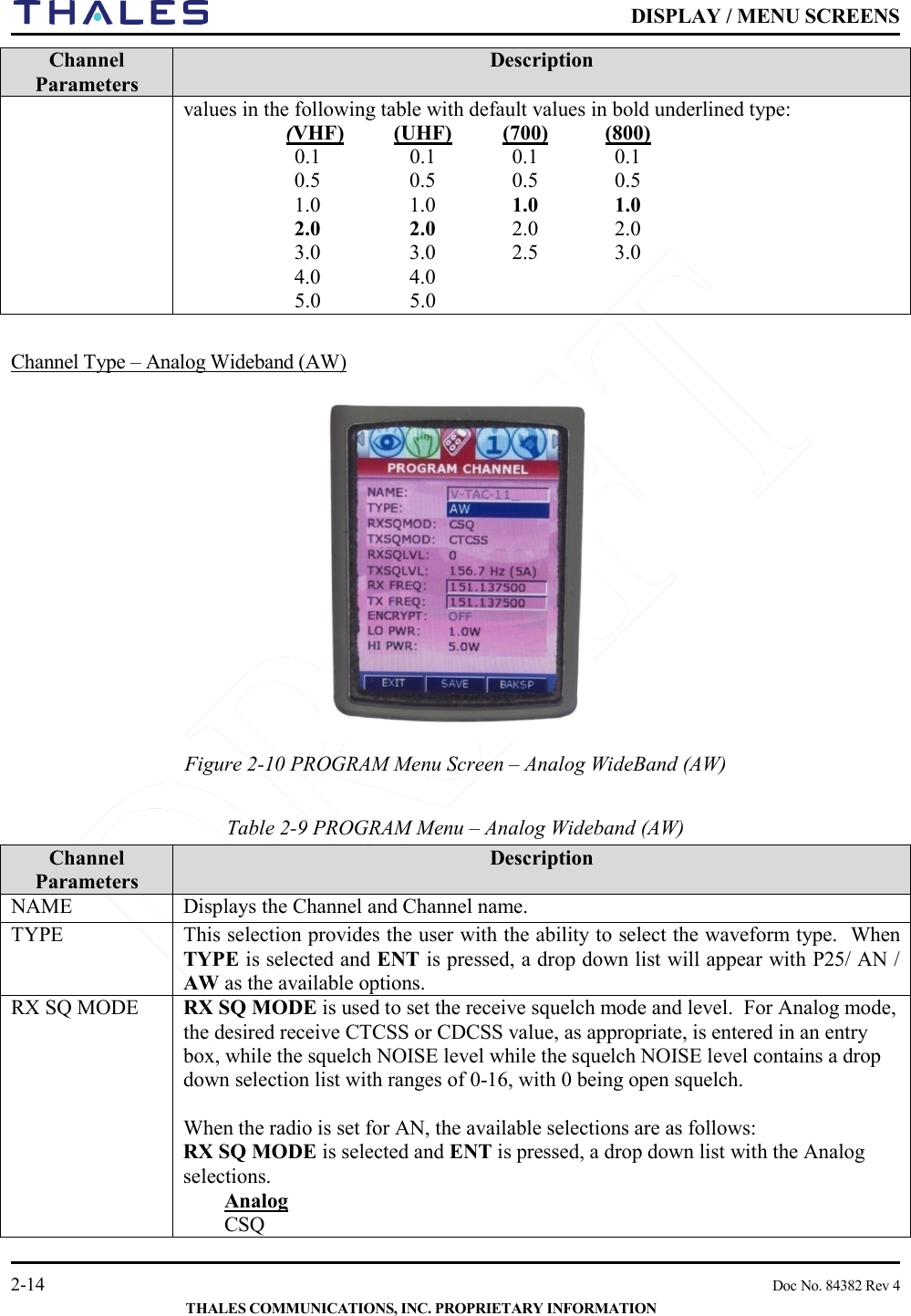    DISPLAY / MENU SCREENS   2-14    Doc No. 84382 Rev 4  THALES COMMUNICATIONS, INC. PROPRIETARY INFORMATION Channel Parameters  Description values in the following table with default values in bold underlined type: (VHF) (UHF)  (700)  (800) 0.1  0.1  0.1  0.1 0.5  0.5  0.5  0.5 1.0  1.0  1.0  1.0 2.0  2.0  2.0  2.0 3.0  3.0  2.5  3.0  4.0  4.0   5.0  5.0    Channel Type – Analog Wideband (AW)   Figure 2-10 PROGRAM Menu Screen – Analog WideBand (AW)     Table 2-9 PROGRAM Menu – Analog Wideband (AW)       Channel Parameters  Description NAME Displays the Channel and Channel name.  TYPE This selection provides the user with the ability to select the waveform type.  When TYPE is selected and ENT is pressed, a drop down list will appear with P25/ AN / AW as the available options. RX SQ MODE RX SQ MODE is used to set the receive squelch mode and level.  For Analog mode, the desired receive CTCSS or CDCSS value, as appropriate, is entered in an entry box, while the squelch NOISE level while the squelch NOISE level contains a drop down selection list with ranges of 0-16, with 0 being open squelch.     When the radio is set for AN, the available selections are as follows: RX SQ MODE is selected and ENT is pressed, a drop down list with the Analog selections.  Analog CSQ 