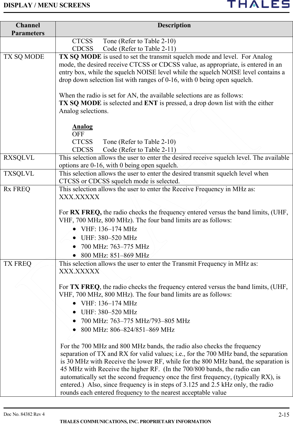 DISPLAY / MENU SCREENS         Doc No. 84382 Rev 4     THALES COMMUNICATIONS, INC. PROPRIETARY INFORMATION 2-15 Channel Parameters  Description CTCSS  Tone (Refer to Table 2-10) CDCSS  Code (Refer to Table 2-11) TX SQ MODE TX SQ MODE is used to set the transmit squelch mode and level.  For Analog mode, the desired receive CTCSS or CDCSS value, as appropriate, is entered in an entry box, while the squelch NOISE level while the squelch NOISE level contains a drop down selection list with ranges of 0-16, with 0 being open squelch.      When the radio is set for AN, the available selections are as follows: TX SQ MODE is selected and ENT is pressed, a drop down list with the either Analog selections.   Analog OFF CTCSS Tone (Refer to Table 2-10) CDCSS  Code (Refer to Table 2-11) RXSQLVL This selection allows the user to enter the desired receive squelch level. The available options are 0-16, with 0 being open squelch. TXSQLVL This selection allows the user to enter the desired transmit squelch level when CTCSS or CDCSS squelch mode is selected.  Rx FREQ This selection allows the user to enter the Receive Frequency in MHz as:  XXX.XXXXX  For RX FREQ, the radio checks the frequency entered versus the band limits, (UHF, VHF, 700 MHz, 800 MHz). The four band limits are as follows: • VHF: 136–174 MHz • UHF: 380–520 MHz • 700 MHz: 763–775 MHz • 800 MHz: 851–869 MHz  TX FREQ This selection allows the user to enter the Transmit Frequency in MHz as:  XXX.XXXXX  For TX FREQ, the radio checks the frequency entered versus the band limits, (UHF, VHF, 700 MHz, 800 MHz). The four band limits are as follows: • VHF: 136–174 MHz • UHF: 380–520 MHz • 700 MHz: 763–775 MHz/793–805 MHz  • 800 MHz: 806–824/851–869 MHz   For the 700 MHz and 800 MHz bands, the radio also checks the frequency separation of TX and RX for valid values; i.e., for the 700 MHz band, the separation is 30 MHz with Receive the lower RF, while for the 800 MHz band, the separation is 45 MHz with Receive the higher RF.  (In the 700/800 bands, the radio can automatically set the second frequency once the first frequency, (typically RX), is entered.)  Also, since frequency is in steps of 3.125 and 2.5 kHz only, the radio rounds each entered frequency to the nearest acceptable value 