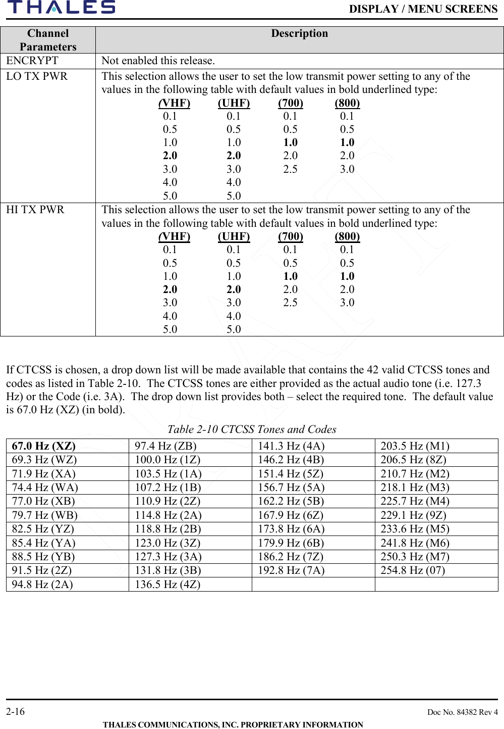    DISPLAY / MENU SCREENS   2-16    Doc No. 84382 Rev 4  THALES COMMUNICATIONS, INC. PROPRIETARY INFORMATION Channel Parameters  Description ENCRYPT Not enabled this release. LO TX PWR This selection allows the user to set the low transmit power setting to any of the values in the following table with default values in bold underlined type: (VHF) (UHF)  (700)  (800) 0.1  0.1  0.1  0.1 0.5  0.5  0.5  0.5 1.0  1.0  1.0  1.0 2.0  2.0  2.0  2.0 3.0  3.0  2.5  3.0  4.0  4.0   5.0  5.0   HI TX PWR This selection allows the user to set the low transmit power setting to any of the values in the following table with default values in bold underlined type: (VHF) (UHF)  (700)  (800) 0.1  0.1  0.1  0.1 0.5  0.5  0.5  0.5 1.0  1.0  1.0  1.0 2.0  2.0  2.0  2.0 3.0  3.0  2.5  3.0  4.0  4.0   5.0  5.0       If CTCSS is chosen, a drop down list will be made available that contains the 42 valid CTCSS tones and codes as listed in Table 2-10.  The CTCSS tones are either provided as the actual audio tone (i.e. 127.3 Hz) or the Code (i.e. 3A).  The drop down list provides both – select the required tone.  The default value is 67.0 Hz (XZ) (in bold). Table 2-10 CTCSS Tones and Codes      67.0 Hz (XZ) 97.4 Hz (ZB) 141.3 Hz (4A) 203.5 Hz (M1) 69.3 Hz (WZ) 100.0 Hz (1Z) 146.2 Hz (4B) 206.5 Hz (8Z) 71.9 Hz (XA) 103.5 Hz (1A) 151.4 Hz (5Z) 210.7 Hz (M2) 74.4 Hz (WA) 107.2 Hz (1B) 156.7 Hz (5A) 218.1 Hz (M3) 77.0 Hz (XB) 110.9 Hz (2Z) 162.2 Hz (5B) 225.7 Hz (M4) 79.7 Hz (WB) 114.8 Hz (2A) 167.9 Hz (6Z) 229.1 Hz (9Z) 82.5 Hz (YZ) 118.8 Hz (2B) 173.8 Hz (6A) 233.6 Hz (M5) 85.4 Hz (YA) 123.0 Hz (3Z) 179.9 Hz (6B) 241.8 Hz (M6) 88.5 Hz (YB) 127.3 Hz (3A) 186.2 Hz (7Z) 250.3 Hz (M7) 91.5 Hz (2Z) 131.8 Hz (3B) 192.8 Hz (7A) 254.8 Hz (07) 94.8 Hz (2A) 136.5 Hz (4Z)        