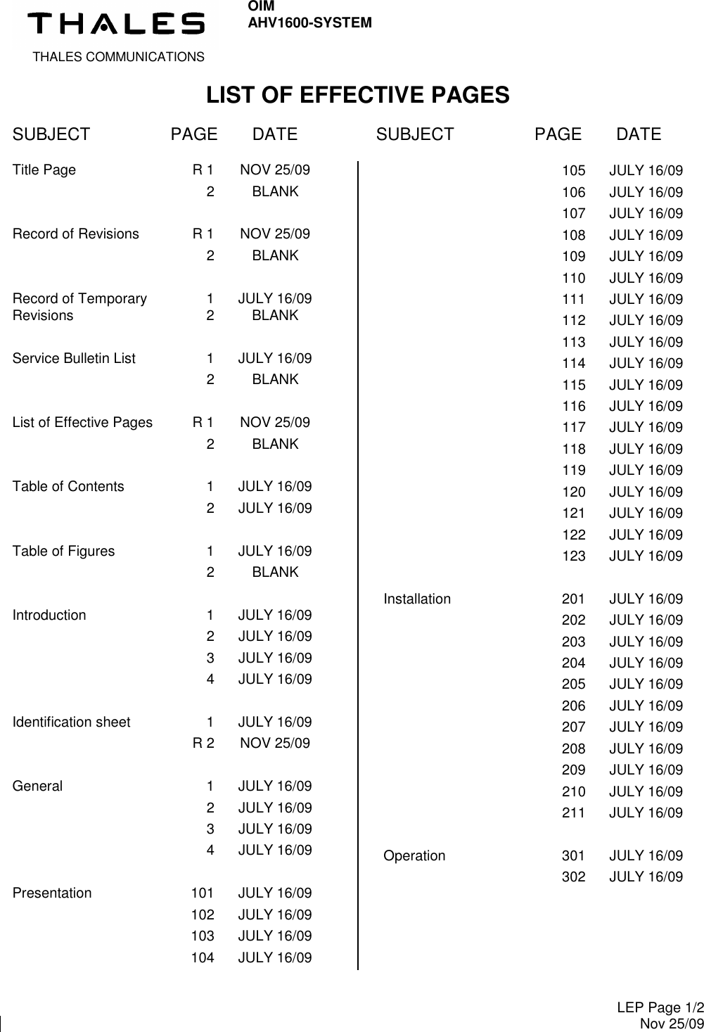  THALES COMMUNICATIONS OIM AHV1600-SYSTEM  LIST OF EFFECTIVE PAGES  SUBJECT  PAGE  DATE  SUBJECT  PAGE  DATE   LEP Page 1/2 Nov 25/09  Title Page   R 1  NOV 25/09   2  BLANK  Record of Revisions   R 1  NOV 25/09   2  BLANK  Record of Temporary  1  JULY 16/09 Revisions  2  BLANK  Service Bulletin List  1  JULY 16/09   2  BLANK  List of Effective Pages  R 1  NOV 25/09   2  BLANK  Table of Contents  1  JULY 16/09   2  JULY 16/09  Table of Figures  1  JULY 16/09   2  BLANK  Introduction  1  JULY 16/09   2  JULY 16/09   3  JULY 16/09   4  JULY 16/09  Identification sheet  1  JULY 16/09   R 2  NOV 25/09  General  1  JULY 16/09   2  JULY 16/09   3  JULY 16/09   4  JULY 16/09  Presentation  101  JULY 16/09   102  JULY 16/09   103  JULY 16/09   104  JULY 16/09   105  JULY 16/09   106  JULY 16/09   107  JULY 16/09   108  JULY 16/09   109  JULY 16/09   110  JULY 16/09   111  JULY 16/09   112  JULY 16/09   113  JULY 16/09   114  JULY 16/09 115  JULY 16/09 116  JULY 16/09 117  JULY 16/09 118  JULY 16/09 119  JULY 16/09 120  JULY 16/09 121  JULY 16/09 122  JULY 16/09 123  JULY 16/09  Installation  201  JULY 16/09   202  JULY 16/09   203  JULY 16/09   204  JULY 16/09   205  JULY 16/09   206  JULY 16/09   207  JULY 16/09   208  JULY 16/09   209  JULY 16/09 210  JULY 16/09 211  JULY 16/09  Operation  301  JULY 16/09   302  JULY 16/09     