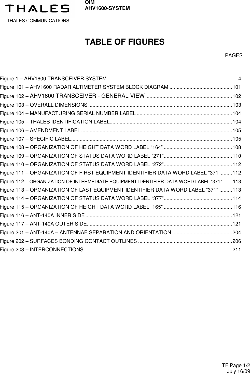  THALES COMMUNICATIONS OIM AHV1600-SYSTEM     TF Page 1/2 July 16/09  TABLE OF FIGURES    PAGES  Figure 1 – AHV1600 TRANSCEIVER SYSTEM............................................................................................4 Figure 101 – AHV1600 RADAR ALTIMETER SYSTEM BLOCK DIAGRAM ............................................101 Figure 102 – AHV1600 TRANSCEIVER - GENERAL VIEW.............................................................102 Figure 103 – OVERALL DIMENSIONS .....................................................................................................103 Figure 104 – MANUFACTURING SERIAL NUMBER LABEL ...................................................................104 Figure 105 – THALES IDENTIFICATION LABEL......................................................................................104 Figure 106 – AMENDMENT LABEL ..........................................................................................................105 Figure 107 – SPECIFIC LABEL.................................................................................................................105 Figure 108 – ORGANIZATION OF HEIGHT DATA WORD LABEL “164” ................................................108 Figure 109 – ORGANIZATION OF STATUS DATA WORD LABEL “271”................................................110 Figure 110 – ORGANIZATION OF STATUS DATA WORD LABEL “272&quot;................................................112 Figure 111 – ORGANIZATION OF FIRST EQUIPMENT IDENTIFIER DATA WORD LABEL “371”........112 Figure 112 – ORGANIZATION OF INTERMEDIATE EQUIPMENT IDENTIFIER DATA WORD LABEL “371” .......113 Figure 113 – ORGANIZATION OF LAST EQUIPMENT IDENTIFIER DATA WORD LABEL “371” .........113 Figure 114 – ORGANIZATION OF STATUS DATA WORD LABEL “377&quot;................................................114 Figure 115 – ORGANIZATION OF HEIGHT DATA WORD LABEL “165&quot; ................................................116 Figure 116 – ANT-140A INNER SIDE.......................................................................................................121 Figure 117 – ANT-140A OUTER SIDE......................................................................................................121 Figure 201 – ANT-140A – ANTENNAE SEPARATION AND ORIENTATION ..........................................204 Figure 202 – SURFACES BONDING CONTACT OUTLINES ..................................................................206 Figure 203 – INTERCONNECTIONS........................................................................................................211  