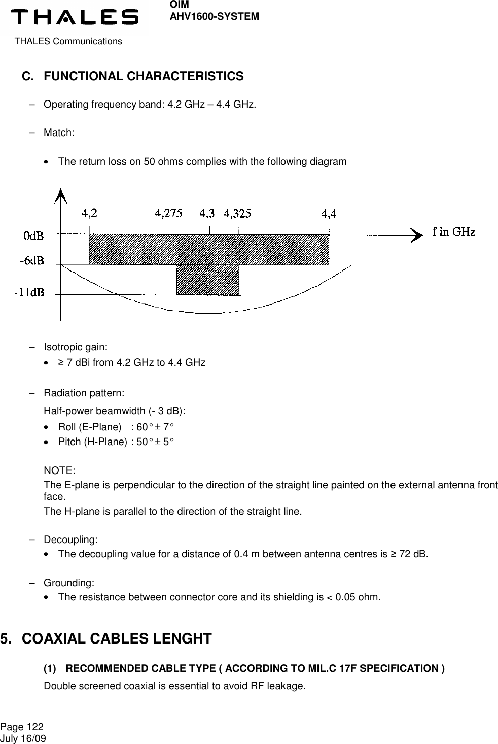  THALES Communications OIM AHV1600-SYSTEM   Page 122 July 16/09    C.  FUNCTIONAL CHARACTERISTICS  –  Operating frequency band: 4.2 GHz – 4.4 GHz.  –  Match:  ••••    The return loss on 50 ohms complies with the following diagram   −  Isotropic gain: ••••    ≥ 7 dBi from 4.2 GHz to 4.4 GHz  −  Radiation pattern: Half-power beamwidth (- 3 dB): ••••    Roll (E-Plane)  : 60°  ± 7° ••••    Pitch (H-Plane) : 50°  ± 5°  NOTE:  The E-plane is perpendicular to the direction of the straight line painted on the external antenna front face. The H-plane is parallel to the direction of the straight line.  –  Decoupling: ••••    The decoupling value for a distance of 0.4 m between antenna centres is ≥ 72 dB.  –  Grounding: ••••    The resistance between connector core and its shielding is &lt; 0.05 ohm. 5.  COAXIAL CABLES LENGHT (1)  RECOMMENDED CABLE TYPE ( ACCORDING TO MIL.C 17F SPECIFICATION ) Double screened coaxial is essential to avoid RF leakage.  