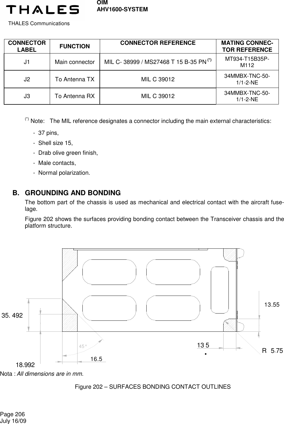  THALES Communications OIM AHV1600-SYSTEM   Page 206 July 16/09    CONNECTOR LABEL  FUNCTION  CONNECTOR REFERENCE  MATING CONNEC-TOR REFERENCE J1  Main connector  MIL C- 38999 / MS27468 T 15 B-35 PN (*) MT934-T15B35P-M112  J2  To Antenna TX  MIL C 39012 34MMBX-TNC-50-1/1-2-NE J3  To Antenna RX  MIL C 39012 34MMBX-TNC-50-1/1-2-NE  (*) Note:   The MIL reference designates a connector including the main external characteristics:   -  37 pins,   -  Shell size 15,   -  Drab olive green finish,   -  Male contacts,   -  Normal polarization. B.  GROUNDING AND BONDING The bottom part of the chassis is used as mechanical and electrical contact with the aircraft fuse-lage. Figure 202 shows the surfaces providing bonding contact between the Transceiver chassis and the platform structure.  Nota : All dimensions are in mm. Figure 202 – SURFACES BONDING CONTACT OUTLINES 16.53 5 .4 9 2 1 3. 5 13.55 R 5.7 5 1 8 .9 9 2 4 5 °