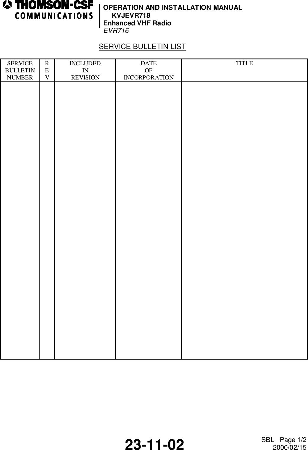 OPERATION AND INSTALLATION MANUALKVJEVR718Enhanced VHF RadioEVR71623-11-02 SBL   Page 1/22000/02/15SERVICE BULLETIN LISTSERVICEBULLETINNUMBERREVINCLUDEDINREVISIONDATEOFINCORPORATIONTITLE