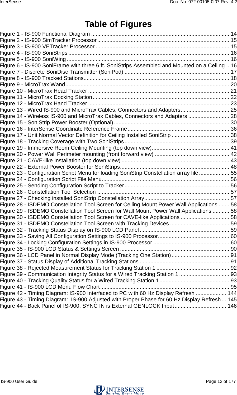 InterSense    Doc. No. 072-00105-0I07 Rev. 4.2 IS-900 User Guide                                                                                                                                          Page 12 of 177  Table of Figures Figure 1 - IS-900 Functional Diagram ........................................................................................... 14 Figure 2 - IS-900 SimTracker Processor ....................................................................................... 15 Figure 3 - IS-900 VETracker Processor ........................................................................................ 15 Figure 4 - IS-900 SoniStrips .......................................................................................................... 16 Figure 5 - IS-900 SoniWing ........................................................................................................... 16 Figure 6 - IS-900 SoniFrame with three 6 ft. SoniStrips Assembled and Mounted on a Ceiling .. 16 Figure 7 - Discrete SoniDisc Transmitter (SoniPod) ..................................................................... 17 Figure 8 - IS-900 Tracked Stations................................................................................................ 18 Figure 9 - MicroTrax Wand ............................................................................................................ 20 Figure 10 - MicroTrax Head Tracker ............................................................................................. 21 Figure 11 - MicroTrax Docking Station .......................................................................................... 22 Figure 12 - MicroTrax Hand Tracker ............................................................................................. 23 Figure 13 - Wired IS-900 and MicroTrax Cables, Connectors and Adapters ................................ 25 Figure 14 - Wireless IS-900 and MicroTrax Cables, Connectors and Adapters ........................... 28 Figure 15 - SoniStrip Power Booster (Optional) ............................................................................ 30 Figure 16 - InterSense Coordinate Reference Frame ................................................................... 36 Figure 17 - Unit Normal Vector Definition for Ceiling Installed SoniStrip ...................................... 38 Figure 18 - Tracking Coverage with Two SoniStrips ..................................................................... 39 Figure 19 - Immersive Room Ceiling Mounting (top down view) ................................................... 41 Figure 20 - Power Wall Perimeter mounting (front forward view) ................................................. 42 Figure 21 - CAVE-like Installation (top down view) ....................................................................... 43 Figure 22 - External Power Booster for SoniStrips ........................................................................ 48 Figure 23 - Configuration Script Menu for loading SoniStrip Constellation array file .................... 55 Figure 24 - Configuration Script File Menu .................................................................................... 56 Figure 25 - Sending Configuration Script to Tracker ..................................................................... 56 Figure 26 - Constellation Tool Selection ....................................................................................... 57 Figure 27 - Checking installed SoniStrip Constellation Array ........................................................ 57 Figure 28 - ISDEMO Constellation Tool Screen for Ceiling Mount Power Wall Applications ....... 58 Figure 29 - ISDEMO Constellation Tool Screen for Wall Mount Power Wall Applications ........... 58 Figure 30 - ISDEMO Constellation Tool Screen for CAVE-like Applications ................................ 58 Figure 31 - ISDEMO Constellation Tool Screen with Tracking Devices ....................................... 59 Figure 32 - Tracking Status Display on IS-900 LCD Panel ........................................................... 59 Figure 33 - Saving All Configuration Settings to IS-900 Processor ............................................... 60 Figure 34 - Locking Configuration Settings in IS-900 Processor .................................................. 60 Figure 35 - IS-900 LCD Status &amp; Settings Screen ........................................................................ 90 Figure 36 - LCD Panel in Normal Display Mode (Tracking One Station) ...................................... 91 Figure 37 - Status Display of Additional Tracking Stations ........................................................... 91 Figure 38 - Rejected Measurement Status for Tracking Station 1 ................................................ 92 Figure 39 - Communication Integrity Status for a Wired Tracking Station 1 ................................. 93 Figure 40 - Tracking Quality Status for a Wired Tracking Station 1 .............................................. 93 Figure 41 - IS-900 LCD Menu Flow Chart ..................................................................................... 95 Figure 42 - Timing Diagram: IS-900 Interfaced to PC with 60 Hz Display Refresh .................... 144 Figure 43 - Timing Diagram:  IS-900 Adjusted with Proper Phase for 60 Hz Display Refresh ... 145 Figure 44 - Back Panel of IS-900, SYNC IN is External GENLOCK Input .................................. 146       