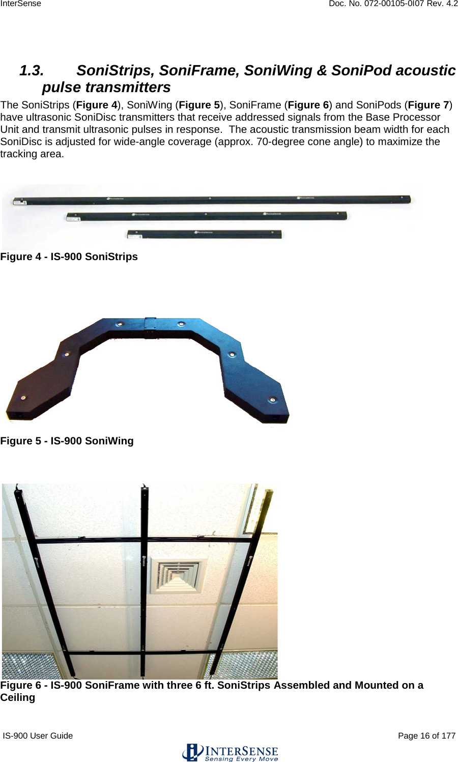 InterSense    Doc. No. 072-00105-0I07 Rev. 4.2 IS-900 User Guide                                                                                                                                          Page 16 of 177   1.3. SoniStrips, SoniFrame, SoniWing &amp; SoniPod acoustic pulse transmitters The SoniStrips (Figure 4), SoniWing (Figure 5), SoniFrame (Figure 6) and SoniPods (Figure 7) have ultrasonic SoniDisc transmitters that receive addressed signals from the Base Processor Unit and transmit ultrasonic pulses in response.  The acoustic transmission beam width for each SoniDisc is adjusted for wide-angle coverage (approx. 70-degree cone angle) to maximize the tracking area.    Figure 4 - IS-900 SoniStrips     Figure 5 - IS-900 SoniWing     Figure 6 - IS-900 SoniFrame with three 6 ft. SoniStrips Assembled and Mounted on a Ceiling  