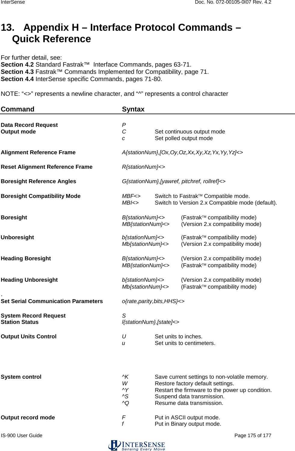 InterSense    Doc. No. 072-00105-0I07 Rev. 4.2 IS-900 User Guide                                                                                                                                          Page 175 of 177  13.  Appendix H – Interface Protocol Commands – Quick Reference  For further detail, see: Section 4.2 Standard Fastrak™  Interface Commands, pages 63-71. Section 4.3 Fastrak™ Commands Implemented for Compatibility, page 71. Section 4.4 InterSense specific Commands, pages 71-80.  NOTE: “&lt;&gt;” represents a newline character, and “^” represents a control character  Command Syntax        Data Record Request P           Output mode C  Set continuous output mode   c     Set polled output mode   Alignment Reference Frame A{stationNum},[Ox,Oy,Oz,Xx,Xy,Xz,Yx,Yy,Yz]&lt;&gt;     Reset Alignment Reference Frame  R{stationNum}&lt;&gt;       Boresight Reference Angles G{stationNum},[yawref, pitchref, rollref]&lt;&gt;    Boresight Compatibility Mode   MBF&lt;&gt; Switch to Fastrak Compatible mode.    MBI&lt;&gt;   Switch to Version 2.x Compatible mode (default).  Boresight B{stationNum}&lt;&gt; (Fastrak compatibility mode) MB{stationNum}&lt;&gt; (Version 2.x compatibility mode)  Unboresight b{stationNum}&lt;&gt; (Fastrak compatibility mode)  Mb{stationNum}&lt;&gt; (Version 2.x compatibility mode)  Heading Boresight B{stationNum}&lt;&gt; (Version 2.x compatibility mode) MB{stationNum}&lt;&gt; (Fastrak compatibility mode)   Heading Unboresight b{stationNum}&lt;&gt; (Version 2.x compatibility mode)  Mb{stationNum}&lt;&gt; (Fastrak compatibility mode) . Set Serial Communication Parameters   o{rate,parity,bits,HHS}&lt;&gt;     System Record Request  S           Station Status l{stationNum},[state]&lt;&gt;    Output Units Control U    Set units to inches.     u    Set units to centimeters.       System control ^K   Save current settings to non-volatile memory.    W   Restore factory default settings.  ^Y   Restart the firmware to the power up condition.  ^S   Suspend data transmission.  ^Q   Resume data transmission.  Output record mode F  Put in ASCII output mode.    f  Put in Binary output mode. 