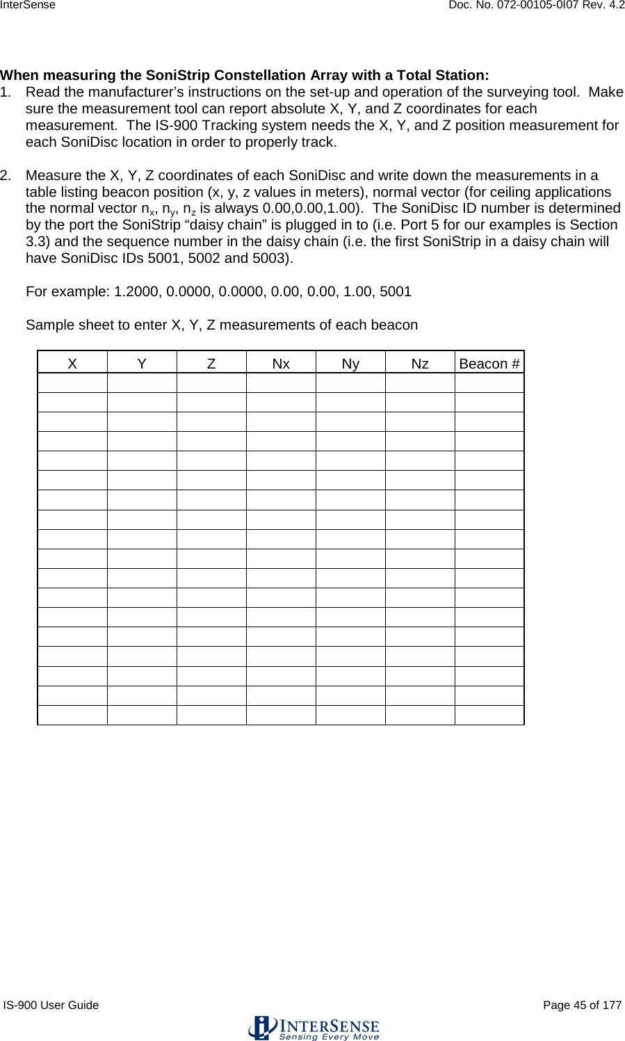 InterSense    Doc. No. 072-00105-0I07 Rev. 4.2 IS-900 User Guide                                                                                                                                          Page 45 of 177   When measuring the SoniStrip Constellation Array with a Total Station: 1. Read the manufacturer’s instructions on the set-up and operation of the surveying tool.  Make sure the measurement tool can report absolute X, Y, and Z coordinates for each measurement.  The IS-900 Tracking system needs the X, Y, and Z position measurement for each SoniDisc location in order to properly track.  2. Measure the X, Y, Z coordinates of each SoniDisc and write down the measurements in a table listing beacon position (x, y, z values in meters), normal vector (for ceiling applications the normal vector nx, ny, nz is always 0.00,0.00,1.00).  The SoniDisc ID number is determined by the port the SoniStrip “daisy chain” is plugged in to (i.e. Port 5 for our examples is Section 3.3) and the sequence number in the daisy chain (i.e. the first SoniStrip in a daisy chain will have SoniDisc IDs 5001, 5002 and 5003).  For example: 1.2000, 0.0000, 0.0000, 0.00, 0.00, 1.00, 5001   Sample sheet to enter X, Y, Z measurements of each beacon  X Y Z Nx Ny Nz Beacon #                                                                                                                                                                                                                                                                 