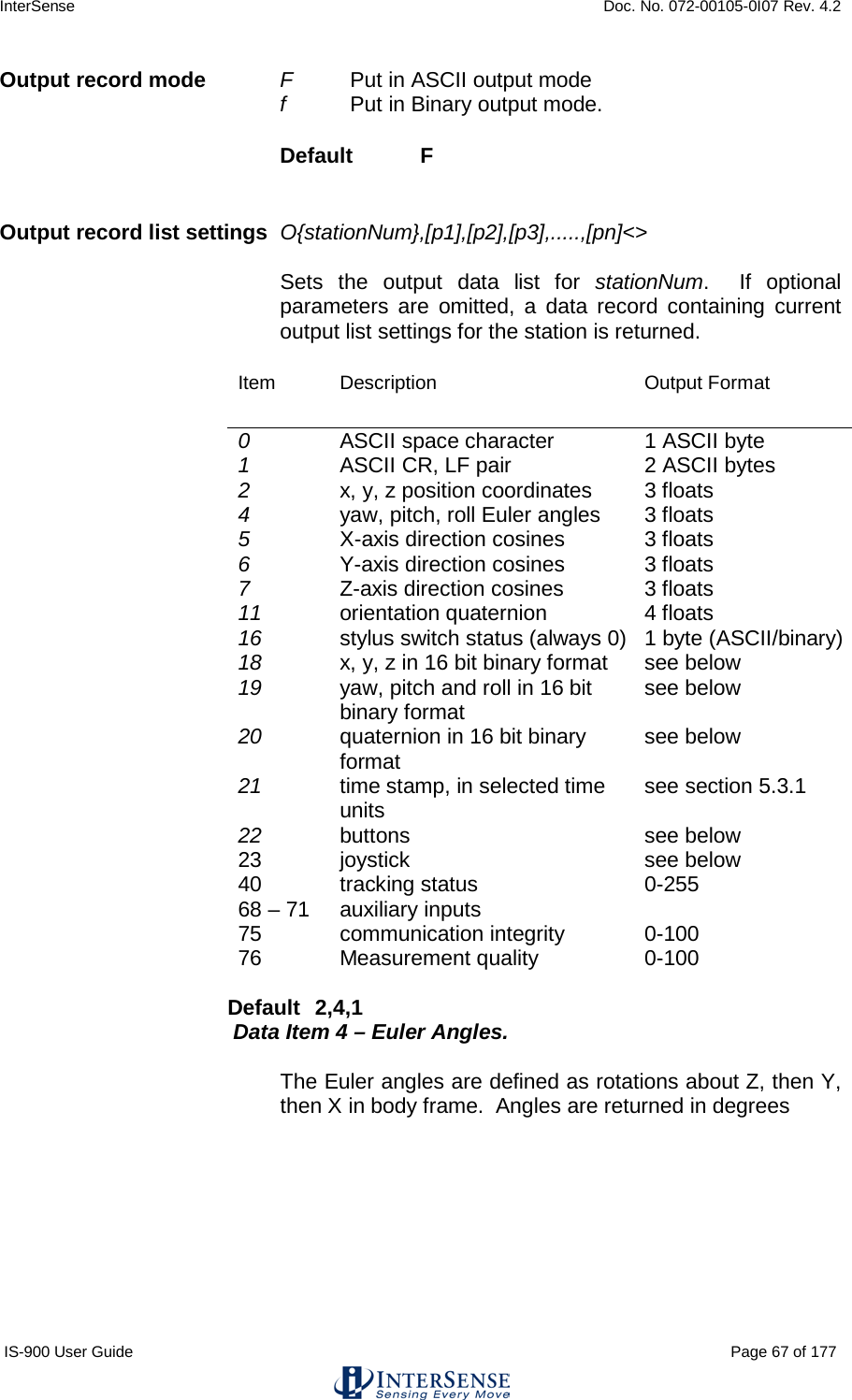 InterSense    Doc. No. 072-00105-0I07 Rev. 4.2 IS-900 User Guide                                                                                                                                          Page 67 of 177  Output record mode F     Put in ASCII output mode f      Put in Binary output mode. Default   F  Output record list settings O{stationNum},[p1],[p2],[p3],.....,[pn]&lt;&gt;   Sets the output data list for stationNum.  If optional parameters are omitted, a data record containing current output list settings for the station is returned. Item Description Output Format 0   ASCII space character 1 ASCII byte 1  ASCII CR, LF pair 2 ASCII bytes 2  x, y, z position coordinates 3 floats 4  yaw, pitch, roll Euler angles 3 floats 5  X-axis direction cosines 3 floats 6  Y-axis direction cosines 3 floats 7  Z-axis direction cosines 3 floats 11  orientation quaternion 4 floats 16  stylus switch status (always 0) 1 byte (ASCII/binary) 18  x, y, z in 16 bit binary format see below 19  yaw, pitch and roll in 16 bit binary format see below 20  quaternion in 16 bit binary format see below 21  time stamp, in selected time units  see section 5.3.1 22 buttons see below 23 joystick see below 40 tracking status 0-255 68 – 71 auxiliary inputs  75 communication integrity 0-100 76 Measurement quality 0-100  Default  2,4,1 Data Item 4 – Euler Angles.  The Euler angles are defined as rotations about Z, then Y, then X in body frame.  Angles are returned in degrees     