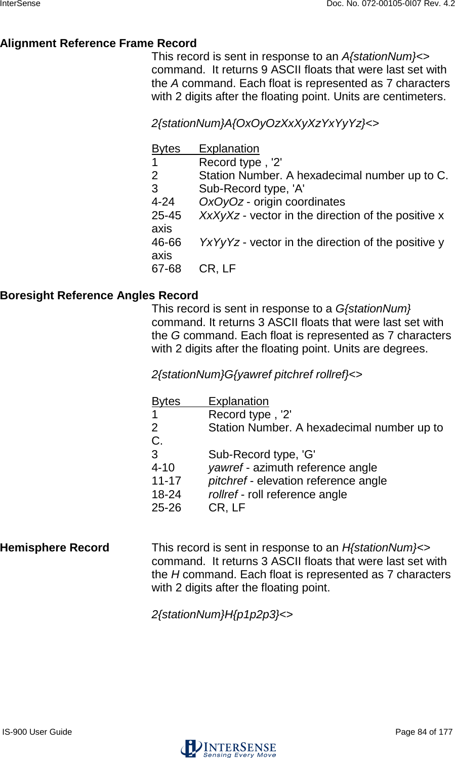 InterSense    Doc. No. 072-00105-0I07 Rev. 4.2 IS-900 User Guide                                                                                                                                          Page 84 of 177  Alignment Reference Frame Record  This record is sent in response to an A{stationNum}&lt;&gt; command.  It returns 9 ASCII floats that were last set with the A command. Each float is represented as 7 characters with 2 digits after the floating point. Units are centimeters.  2{stationNum}A{OxOyOzXxXyXzYxYyYz}&lt;&gt;  Bytes Explanation 1  Record type , &apos;2&apos; 2  Station Number. A hexadecimal number up to C. 3   Sub-Record type, &apos;A&apos; 4-24 OxOyOz - origin coordinates 25-45 XxXyXz - vector in the direction of the positive x axis 46-66 YxYyYz - vector in the direction of the positive y axis 67-68 CR, LF  Boresight Reference Angles Record  This record is sent in response to a G{stationNum} command. It returns 3 ASCII floats that were last set with the G command. Each float is represented as 7 characters with 2 digits after the floating point. Units are degrees.  2{stationNum}G{yawref pitchref rollref}&lt;&gt;  Bytes Explanation 1  Record type , &apos;2&apos; 2  Station Number. A hexadecimal number up to C. 3   Sub-Record type, &apos;G&apos; 4-10 yawref - azimuth reference angle 11-17 pitchref - elevation reference angle 18-24 rollref - roll reference angle 25-26 CR, LF   Hemisphere Record  This record is sent in response to an H{stationNum}&lt;&gt; command.  It returns 3 ASCII floats that were last set with the H command. Each float is represented as 7 characters with 2 digits after the floating point.   2{stationNum}H{p1p2p3}&lt;&gt;    