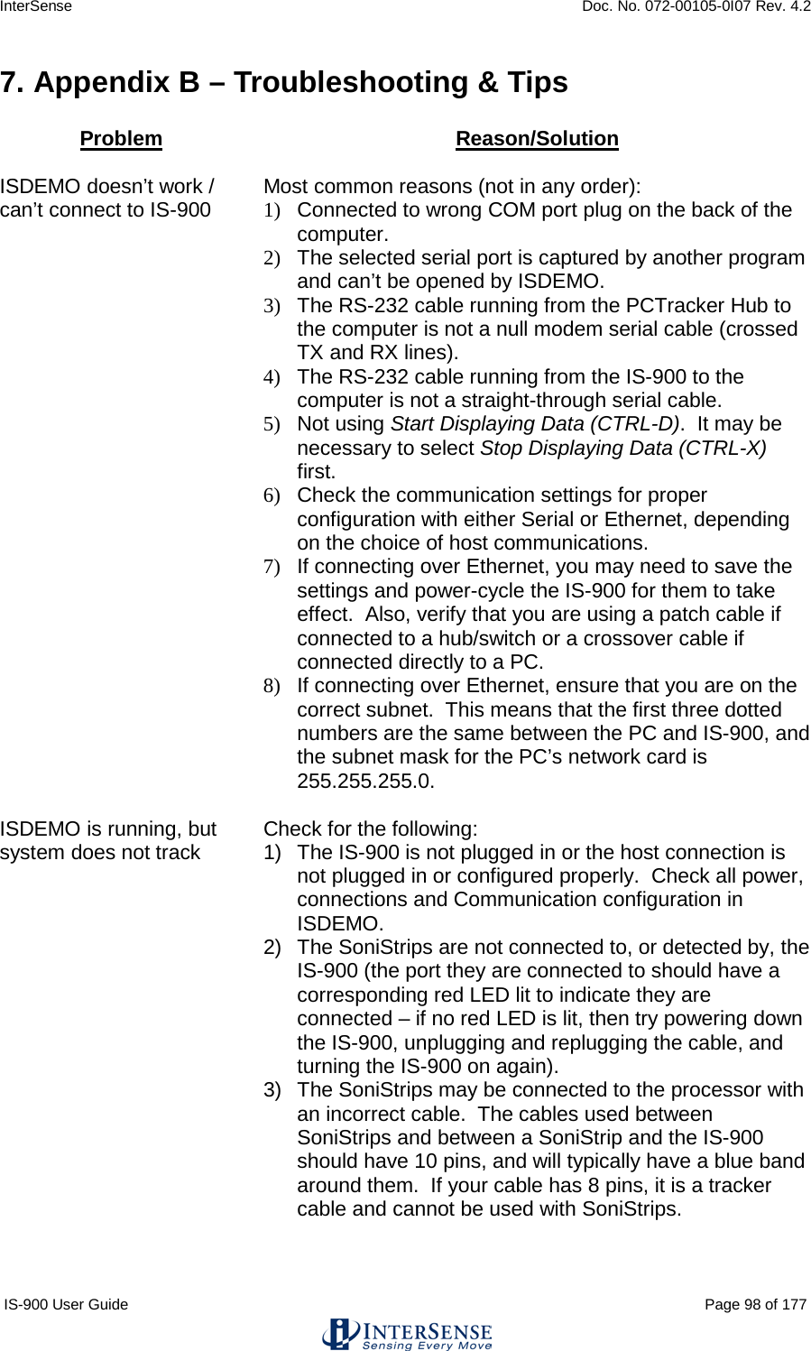 InterSense    Doc. No. 072-00105-0I07 Rev. 4.2 IS-900 User Guide                                                                                                                                          Page 98 of 177  7. Appendix B – Troubleshooting &amp; Tips  Problem Reason/Solution   ISDEMO doesn’t work / can’t connect to IS-900 Most common reasons (not in any order): 1)  Connected to wrong COM port plug on the back of the computer. 2)  The selected serial port is captured by another program and can’t be opened by ISDEMO. 3)  The RS-232 cable running from the PCTracker Hub to the computer is not a null modem serial cable (crossed TX and RX lines). 4)  The RS-232 cable running from the IS-900 to the computer is not a straight-through serial cable. 5)  Not using Start Displaying Data (CTRL-D).  It may be necessary to select Stop Displaying Data (CTRL-X) first. 6)  Check the communication settings for proper configuration with either Serial or Ethernet, depending on the choice of host communications. 7)  If connecting over Ethernet, you may need to save the settings and power-cycle the IS-900 for them to take effect.  Also, verify that you are using a patch cable if connected to a hub/switch or a crossover cable if connected directly to a PC. 8)  If connecting over Ethernet, ensure that you are on the correct subnet.  This means that the first three dotted numbers are the same between the PC and IS-900, and the subnet mask for the PC’s network card is 255.255.255.0.  ISDEMO is running, but system does not track Check for the following: 1) The IS-900 is not plugged in or the host connection is not plugged in or configured properly.  Check all power, connections and Communication configuration in ISDEMO. 2) The SoniStrips are not connected to, or detected by, the IS-900 (the port they are connected to should have a corresponding red LED lit to indicate they are connected – if no red LED is lit, then try powering down the IS-900, unplugging and replugging the cable, and turning the IS-900 on again). 3) The SoniStrips may be connected to the processor with an incorrect cable.  The cables used between SoniStrips and between a SoniStrip and the IS-900 should have 10 pins, and will typically have a blue band around them.  If your cable has 8 pins, it is a tracker cable and cannot be used with SoniStrips.   