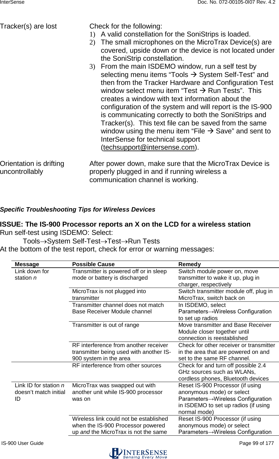 InterSense    Doc. No. 072-00105-0I07 Rev. 4.2 IS-900 User Guide                                                                                                                                          Page 99 of 177  Tracker(s) are lost Check for the following: 1)  A valid constellation for the SoniStrips is loaded. 2)  The small microphones on the MicroTrax Device(s) are covered, upside down or the device is not located under the SoniStrip constellation. 3)  From the main ISDEMO window, run a self test by selecting menu items “Tools  System Self-Test” and then from the Tracker Hardware and Configuration Test window select menu item “Test  Run Tests”.  This creates a window with text information about the configuration of the system and will report is the IS-900 is communicating correctly to both the SoniStrips and Tracker(s).  This text file can be saved from the same window using the menu item “File  Save” and sent to InterSense for technical support (techsupport@intersense.com).    Orientation is drifting uncontrollably After power down, make sure that the MicroTrax Device is properly plugged in and if running wireless a communication channel is working.    Specific Troubleshooting Tips for Wireless Devices  ISSUE: The IS-900 Processor reports an X on the LCD for a wireless station Run self-test using ISDEMO: Select:  Tools→System Self-Test→Test→Run Tests At the bottom of the test report, check for error or warning messages:  Message Possible Cause Remedy Link down for station n Transmitter is powered off or in sleep mode or battery is discharged Switch module power on, move transmitter to wake it up, plug in charger, respectively  MicroTrax is not plugged into transmitter  Switch transmitter module off, plug in MicroTrax, switch back on  Transmitter channel does not match Base Receiver Module channel In ISDEMO, select  Parameters→Wireless Configuration to set up radios  Transmitter is out of range Move transmitter and Base Receiver Module closer together until connection is reestablished  RF interference from another receiver transmitter being used with another IS-900 system in the area Check for other receiver or transmitter in the area that are powered on and set to the same RF channel.  RF interference from other sources Check for and turn off possible 2.4 GHz sources such as WLANs, cordless phones, Bluetooth devices Link ID for station n doesn’t match initial ID MicroTrax was swapped out with another unit while IS-900 processor was on Reset IS-900 Processor (if using anonymous mode) or select  Parameters→Wireless Configuration in ISDEMO to set up radios (if using normal mode)  Wireless link could not be established when the IS-900 Processor powered up and the MicroTrax is not the same Reset IS-900 Processor (if using anonymous mode) or select  Parameters→Wireless Configuration 