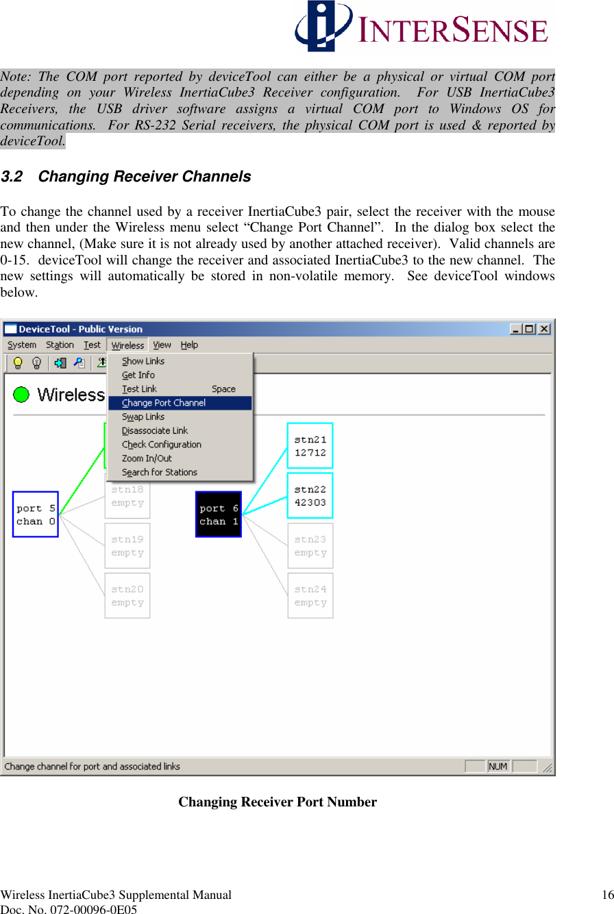 Wireless InertiaCube3 Supplemental Manual 16Doc. No. 072-00096-0E05Note: The COM port reported by deviceTool can either be a physical or virtual COM portdepending on your Wireless InertiaCube3 Receiver configuration. For USB InertiaCube3Receivers, the USB driver software assigns a virtual COM port to Windows OS forcommunications. For RS-232 Serial receivers, the physical COM port is used &amp; reported bydeviceTool.3.2 Changing Receiver ChannelsTo change the channel used by a receiver InertiaCube3 pair, select the receiver with the mouseand then under the Wireless menu select “Change Port Channel”. In the dialog box select thenew channel, (Make sure it is not already used by another attached receiver). Valid channels are0-15. deviceTool will change the receiver and associated InertiaCube3 to the new channel. Thenew settings will automatically be stored in non-volatile memory. See deviceTool windowsbelow.Changing Receiver Port Number