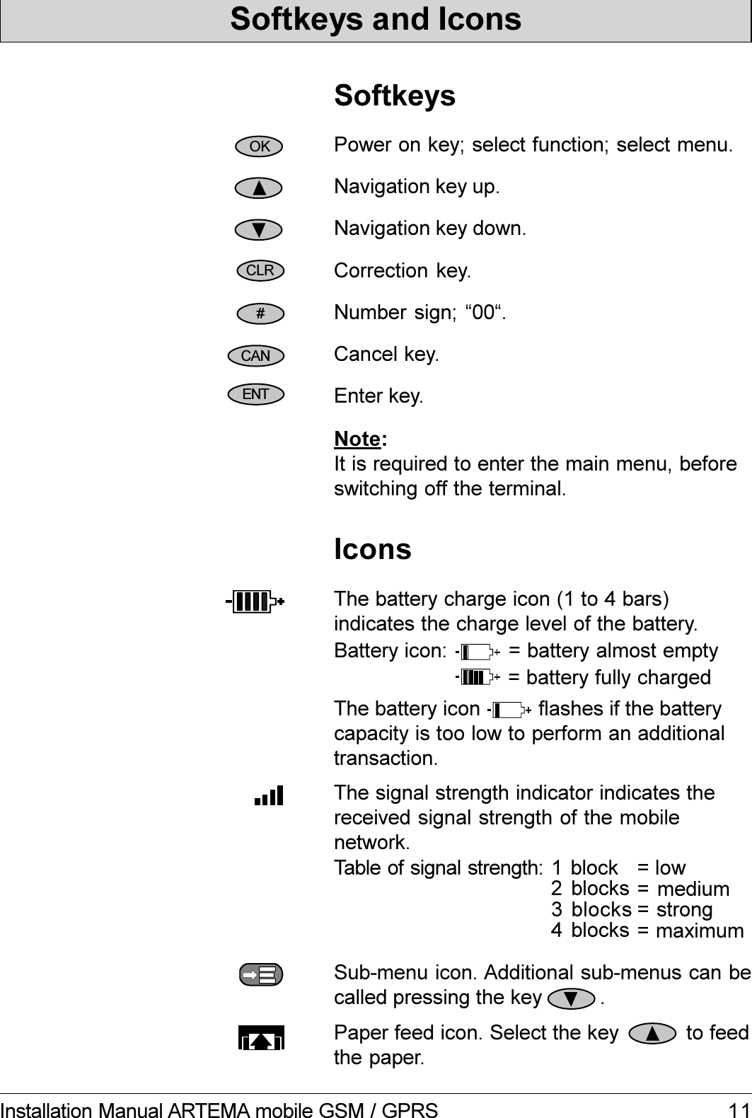 11Installation Manual ARTEMA mobile GSM / GPRSThe battery charge icon (1 to 4 bars)indicates the charge level of the battery.Battery icon:Enter key.Power on key; select function; select menu.Cancel key.Navigation key up.Navigation key down.Correction key.SoftkeysNumber sign; 00.IconsThe signal strength indicator indicates thereceived signal strength of the mobilenetwork.Sub-menu icon. Additional sub-menus can becalled pressing the key          .The battery icon          flashes if the batterycapacity is too low to perform an additionaltransaction.= battery almost empty= battery fully chargedPaper feed icon. Select the key           to feedthe paper.Softkeys and IconsOK#CLRCANENT1 block2 blocks34 blocks= medium= strongblocks = maximum= lowTable of signal strength:Note:It is required to enter the main menu, beforeswitching off the terminal.