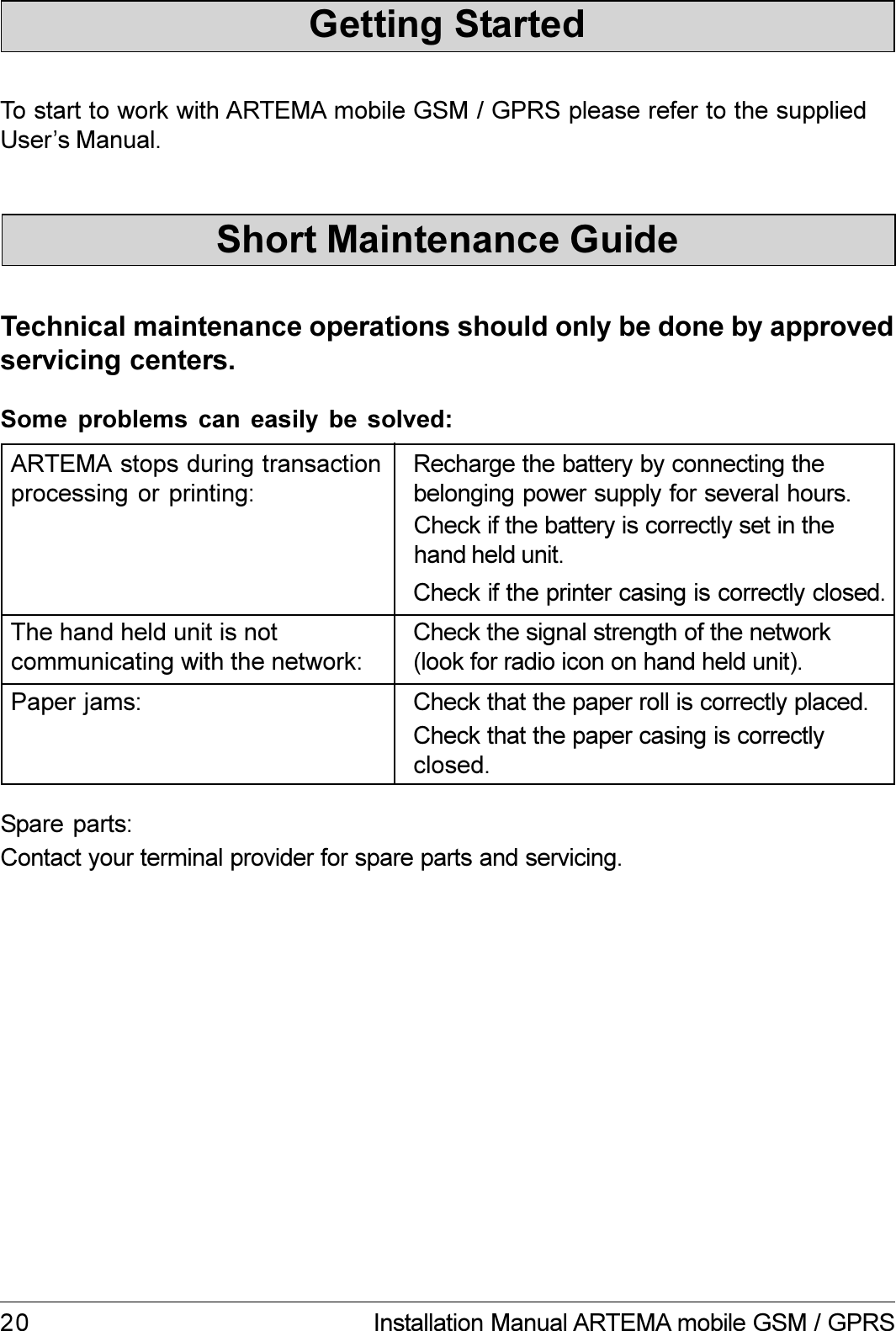 20 Installation Manual ARTEMA mobile GSM / GPRSShort Maintenance GuideTechnical maintenance operations should only be done by approvedservicing centers.Some  problems  can  easily  be  solved:ARTEMA stops during transactionprocessing or printing:Recharge the battery by connecting thebelonging power supply for several hours.Check if the battery is correctly set in thehand held unit.Check if the printer casing is correctly closed.The hand held unit is notcommunicating with the network:Check the signal strength of the network(look for radio icon on hand held unit).Paper jams: Check that the paper roll is correctly placed.Check that the paper casing is correctlyclosed.Spare parts:Contact your terminal provider for spare parts and servicing.To start to work with ARTEMA mobile GSM / GPRS please refer to the suppliedUsers Manual.Getting Started