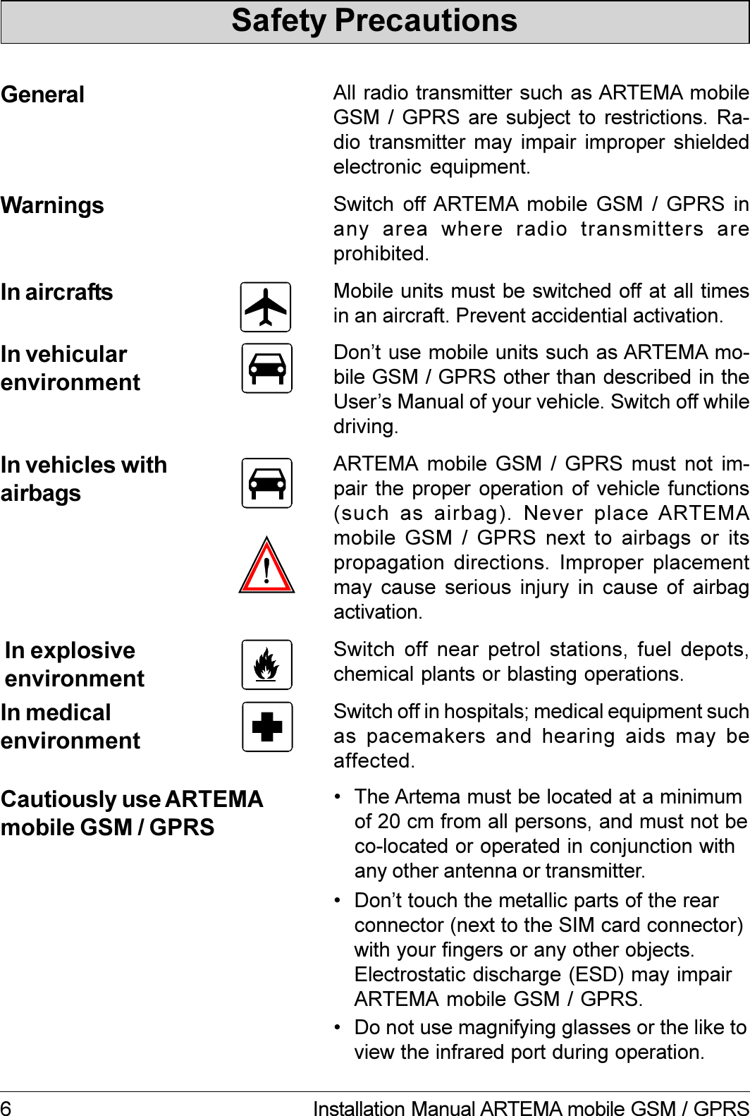 6 Installation Manual ARTEMA mobile GSM / GPRSSafety PrecautionsSwitch off near petrol stations, fuel depots,chemical plants or blasting operations.Switch off in hospitals; medical equipment suchas pacemakers and hearing aids may beaffected.In explosiveenvironmentIn medicalenvironmentCautiously use ARTEMAmobile GSM / GPRSIn vehicles withairbagsARTEMA mobile GSM / GPRS must not im-pair the proper operation of vehicle functions(such as airbag). Never place ARTEMAmobile GSM / GPRS next to airbags or itspropagation directions. Improper placementmay cause serious injury in cause of airbagactivation.Mobile units must be switched off at all timesin an aircraft. Prevent accidential activation.In aircraftsIn vehicularenvironmentDont use mobile units such as ARTEMA mo-bile GSM / GPRS other than described in theUsers Manual of your vehicle. Switch off whiledriving.General All radio transmitter such as ARTEMA mobileGSM /  GPRS are  subject to  restrictions. Ra-dio transmitter may impair improper shieldedelectronic equipment.Warnings Switch off ARTEMA mobile  GSM  /  GPRS  inany  area  where  radio  transmitters  areprohibited. Dont touch the metallic parts of the rearconnector (next to the SIM card connector)with your fingers or any other objects.Electrostatic discharge (ESD) may impairARTEMA mobile GSM / GPRS. Do not use magnifying glasses or the like toview the infrared port during operation. The Artema must be located at a minimumof 20 cm from all persons, and must not beco-located or operated in conjunction withany other antenna or transmitter.