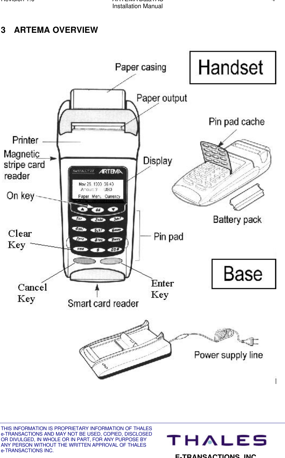 Revision 1.0 ARTEMA DataTAC 4Installation ManualTHIS INFORMATION IS PROPRIETARY INFORMATION OF THALESe-TRANSACTIONS AND MAY NOT BE USED, COPIED, DISCLOSEDOR DIVULGED, IN WHOLE OR IN PART, FOR ANY PURPOSE BYANY PERSON WITHOUT THE WRITTEN APPROVAL OF THALESe-TRANSACTIONS INC.E-TRANSACTIONS, INC.3 ARTEMA OVERVIEW