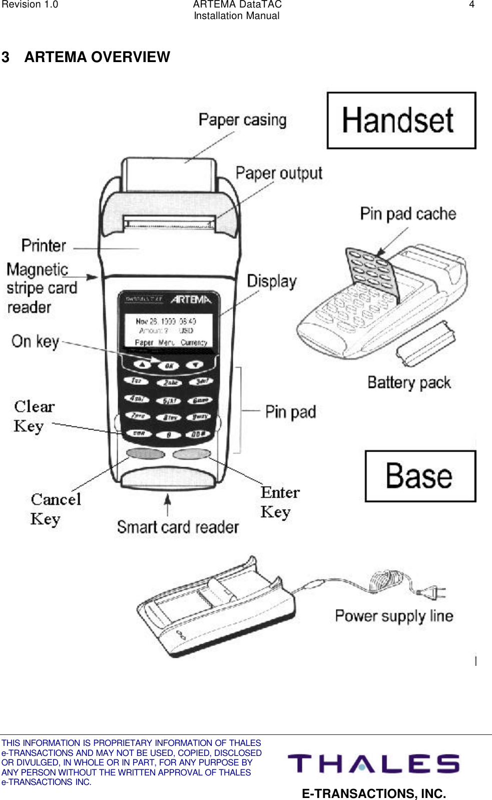 Revision 1.0 ARTEMA DataTAC 4Installation ManualTHIS INFORMATION IS PROPRIETARY INFORMATION OF THALESe-TRANSACTIONS AND MAY NOT BE USED, COPIED, DISCLOSEDOR DIVULGED, IN WHOLE OR IN PART, FOR ANY PURPOSE BYANY PERSON WITHOUT THE WRITTEN APPROVAL OF THALESe-TRANSACTIONS INC. E-TRANSACTIONS, INC.3 ARTEMA OVERVIEW