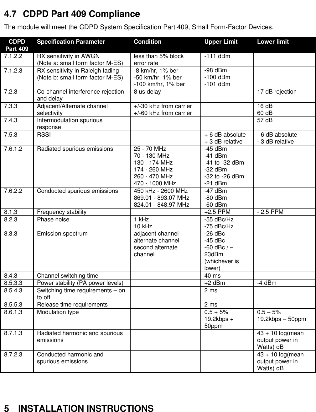 4.7 CDPD Part 409 ComplianceThe module will meet the CDPD System Specification Part 409, Small Form-Factor Devices.CDPDPart 409 Specification Parameter Condition Upper Limit Lower limit7.1.2.2 RX sensitivity in AWGN(Note a: small form factor M-ES) less than 5% blockerror rate -111 dBm7.1.2.3 RX sensitivity in Raleigh fading(Note b: small form factor M-ES) -8 km/hr, 1% ber-50 km/hr, 1% ber-100 km/hr, 1% ber-98 dBm-100 dBm-101 dBm7.2.3 Co-channel interference rejectionand delay 8 us delay 17 dB rejection7.3.3 Adjacent/Alternate channelselectivity +/-30 kHz from carrier+/-60 kHz from carrier 16 dB60 dB7.4.3 Intermodulation spuriousresponse 57 dB7.5.3 RSSI + 6 dB absolute+ 3 dB relative - 6 dB absolute- 3 dB relative7.6.1.2 Radiated spurious emissions 25 - 70 MHz70 - 130 MHz130 - 174 MHz174 - 260 MHz260 - 470 MHz470 - 1000 MHz-45 dBm-41 dBm-41 to -32 dBm-32 dBm-32 to -26 dBm-21 dBm7.6.2.2 Conducted spurious emissions 450 kHz - 2600 MHz869.01 - 893.07 MHz824.01 - 848.97 MHz-47 dBm-80 dBm-60 dBm8.1.3 Frequency stability +2.5 PPM - 2.5 PPM8.2.3 Phase noise 1 kHz10 kHz -55 dBc/Hz-75 dBc/Hz8.3.3 Emission spectrum adjacent channelalternate channelsecond alternatechannel-26 dBc-45 dBc-60 dBc / –23dBm(whichever islower)8.4.3 Channel switching time 40 ms8.5.3.3 Power stability (PA power levels) +2 dBm -4 dBm8.5.4.3 Switching time requirements – onto off 2 ms8.5.5.3 Release time requirements 2 ms8.6.1.3 Modulation type 0.5 + 5%19.2kbps +50ppm0.5 – 5%19.2kbps – 50ppm8.7.1.3 Radiated harmonic and spuriousemissions 43 + 10 log(meanoutput power inWatts) dB8.7.2.3 Conducted harmonic andspurious emissions 43 + 10 log(meanoutput power inWatts) dB5 INSTALLATION INSTRUCTIONS