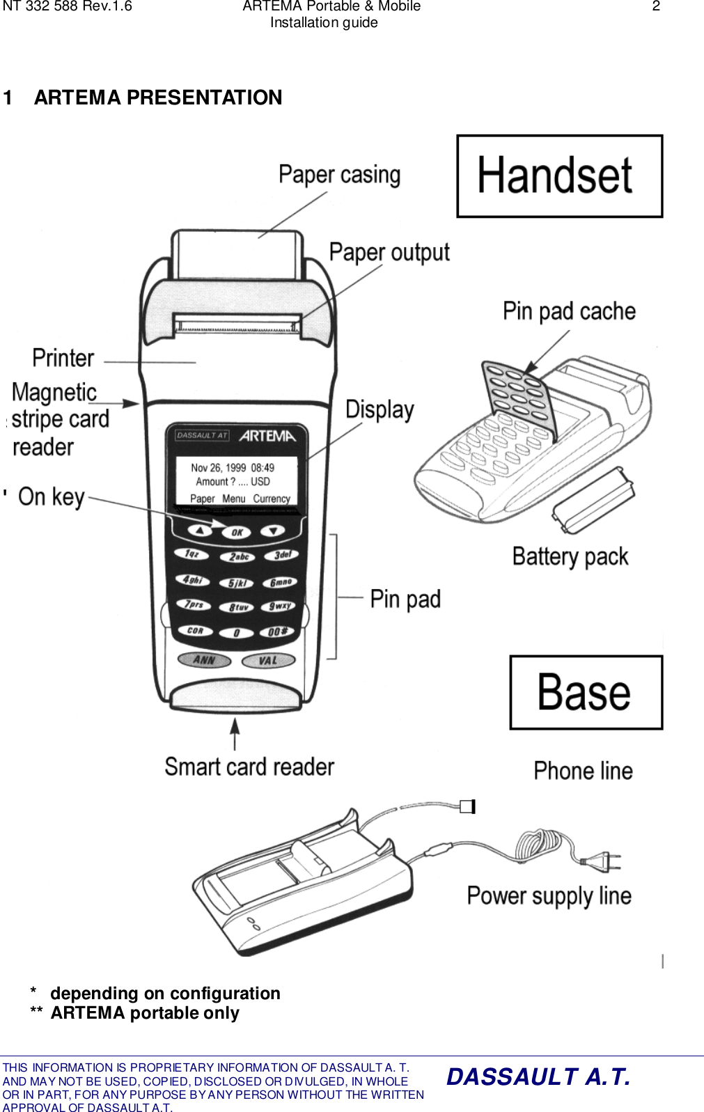 NT 332 588 Rev.1.6 ARTEMA Portable &amp; Mobile 2Installation guideTHIS INFORMATION IS PROPRIETARY INFORMATION OF DASSAULT A. T. AND MAY NOT BE USED, COPIED, DISCLOSED OR DIVULGED, IN WHOLEOR IN PART, FOR ANY PURPOSE BY ANY PERSON WITHOUT THE WRITTENAPPROVAL OF DASSAULT A.T.DASSAULT A.T.1 ARTEMA PRESENTATIONSmart card reader*&quot;Power on&quot;keyPin Pad*To phone line*** depending on configuration** ARTEMA portable onlyPaper coverMagneticstripe cardreaderPrinterPaper output