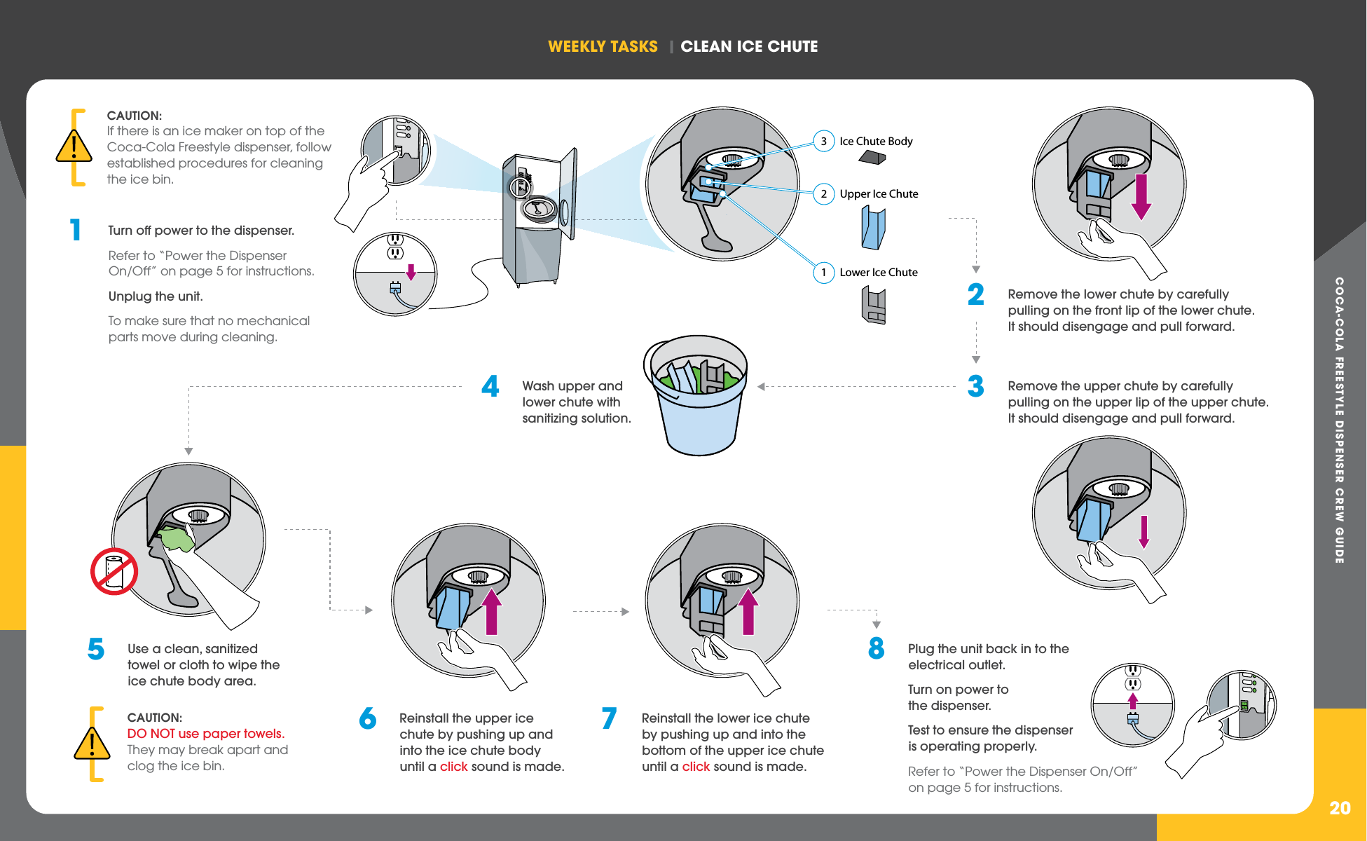 COCA-COLA FREESTYLE DISPENSER CREW GUIDEWEEkLY TASkS  | CLEAN ICE ChUTE202  Remove the lower chute by carefully pulling on the front lip of the lower chute. It should disengage and pull forward.3  Remove the upper chute by carefully pulling on the upper lip of the upper chute. It should disengage and pull forward.5  Use a clean, sanitized towel or cloth to wipe the ice chute body area.6  Reinstall the upper ice chute by pushing up and into the ice chute body until a click sound is made.7  Reinstall the lower ice chute by pushing up and into the bottom of the upper ice chute until a click sound is made.1  Turn off power to the dispenser.  Refer to “Power the Dispenser On/Off” on page 5 for instructions.  Unplug the unit.   To make sure that no mechanical parts move during cleaning.CAUTION:If there is an ice maker on top of the Coca-Cola Freestyle dispenser, follow established procedures for cleaning the ice bin.8  Plug the unit back in to the electrical outlet.  Turn on power to the dispenser.  Test to ensure the dispenser is operating properly.  Refer to “Power the Dispenser On/Off” on page 5 for instructions.CAUTION: DO NOT use paper towels. They may break apart and clog the ice bin.4  Wash upper and lower chute with sanitizing solution.  3  Ice Chute Body  2  Upper Ice Chute  1  Lower Ice Chute