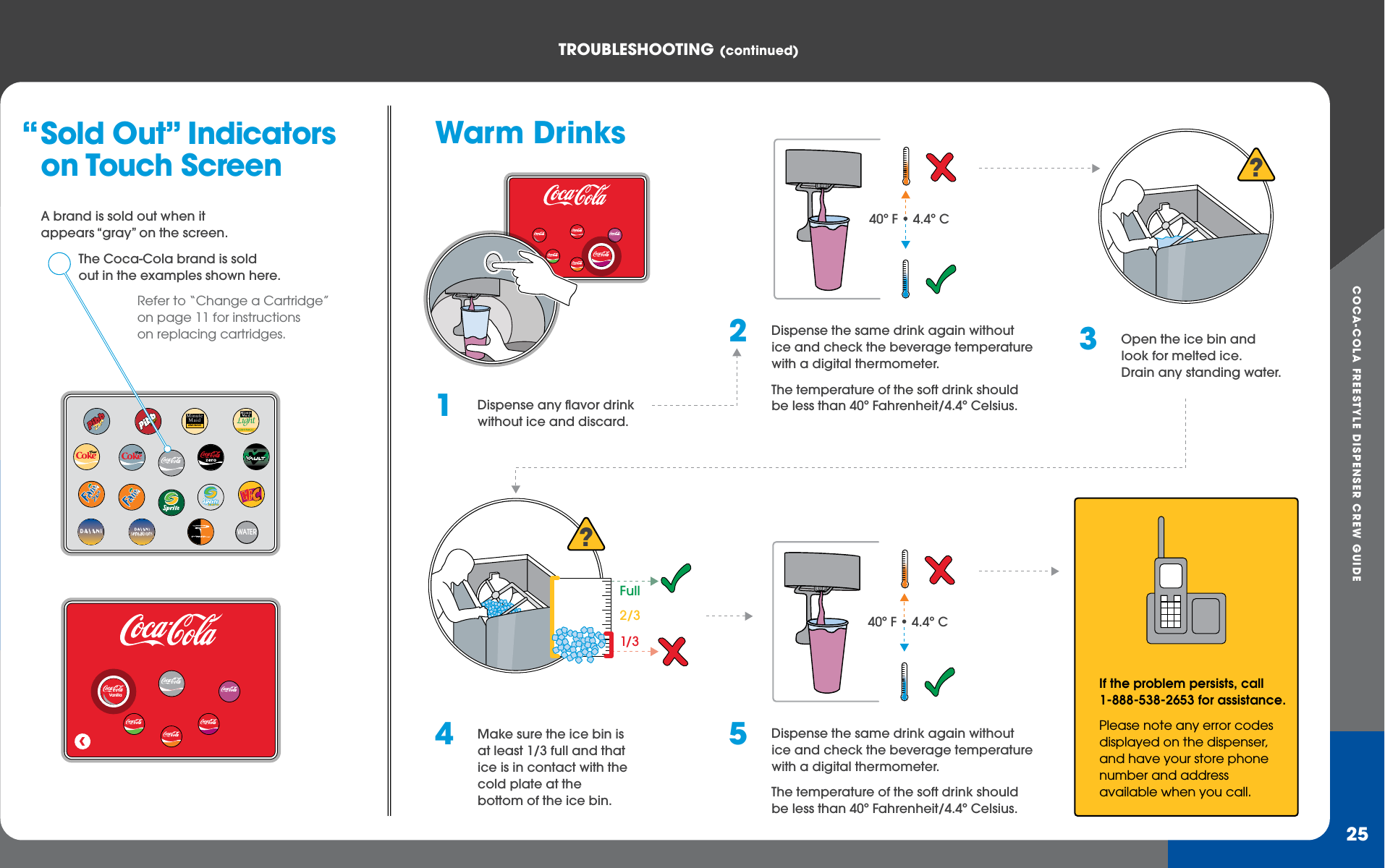 COCA-COLA FREESTYLE DISPENSER CREW GUIDETROUBLEShOOTING (continued)25Warm DrinksSold Out” Indicators     on Touch ScreenA brand is sold out when it appears “gray” on the screen.The Coca-Cola brand is sold out in the examples shown here.Refer to “Change a Cartridge” on page 11 for instructions on replacing cartridges.WATERMinuteMaidLEMONADELightVanilla1  Dispense any flavor drink without ice and discard.2  Dispense the same drink again without ice and check the beverage temperature with a digital thermometer.   The temperature of the soft drink should be less than 40º Fahrenheit/4.4º Celsius.3  Open the ice bin and look for melted ice.  Drain any standing water.4  Make sure the ice bin is at least 1/3 full and that ice is in contact with the cold plate at the bottom of the ice bin. If the problem persists, call 1-888-538-2653 for assistance.    Please note any error codes displayed on the dispenser, and have your store phone number and address available when you call.&amp;s#??1/32/3Full5  Dispense the same drink again without ice and check the beverage temperature with a digital thermometer.   The temperature of the soft drink should be less than 40º Fahrenheit/4.4º Celsius.&amp;s#“