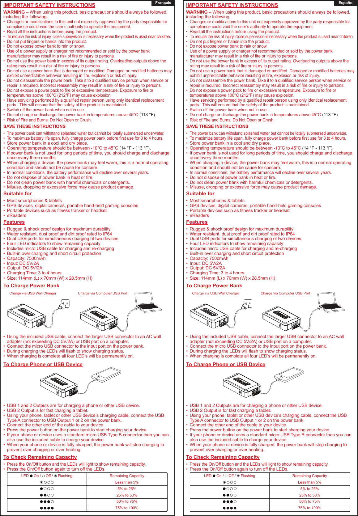 Français FrançaisEspañolIMPORTANT SAFETY INSTRUCTIONSWARNING – When using this product, basic precautions should always be followed, including the following:• Changesormodicationstothisunitnotexpresslyapprovedbythepartyresponsibleforcompliance could void the user’s authority to operate the equipment.• Read all the instructions before using the product.• To reduce the risk of injury, close supervision is necessary when the product is used near children.• Donotputngersorhandsintotheproduct.• Do not expose power bank to rain or snow.• Use of a power supply or charger not recommended or sold by the power bank manufacturermayresultinariskofreorinjurytopersons.• Do not use the power bank in excess of its output rating. Overloading outputs above the ratingmayresultinariskofreorinjurytopersons.• Donotuseapowerbankthatisdamagedormodied.Damagedormodiedbatteriesmayexhibitunpredictablebehaviorresultinginre,explosionorriskofinjury.• Donotdisassemblethepowerbank.Takeittoaqualiedservicepersonwhenserviceorrepairisrequired.Incorrectreassemblymayresultinariskofreorinjurytopersons.• Donotexposeapowerpacktoreorexcessivetemperature.Exposuretoreortemperatures above 100°C (212°F) may cause explosion. • Haveservicingperformedbyaqualiedrepairpersonusingonlyidenticalreplacementparts.  This will ensure that the safety of the product is maintained.• Switch off the power bank when not in use.• Do not charge or discharge the power bank in temperatures above 45°C (113 °F)• Risk of Fire and Burns. Do Not Open or Crush.SAVE THESE INSTRUCTIONS• The power bank can withstand splashed water but cannot be totally submersed underwater.• Tomaximizebatterylifespan,fullychargepowerbankbeforerstusefor3to4hours.• Store power bank in a cool and dry place.• Operating temperature should be between -10°C to 45°C (14 °F - 113 °F).• If power bank is not used for long periods of time, you should charge and discharge once every three months.• When charging a device, the power bank may feel warm, this is a normal operating condition and should not be cause for concern.• In normal conditions, the battery performance will decline over several years.• Donotdisposeofpowerbankinheatorre.• Do not clean power bank with harmful chemicals or detergents.• Misuse, dropping or excessive force may cause product damage.Suitable for• Most smartphones &amp; tablets • GPS devices, digital cameras, portable hand-held gaming consoles• Portabledevicessuchastnesstrackerorheadset• eReadersFeatures• Rugged &amp; shock proof design for maximum durability• Water resistant, dust proof and dirt proof rated to IP64• Dual USB ports for simultaneous charging of two devices• Four LED indicators to show remaining capacity• Includes micro USB cable for charging and re-charging• Built-in over charging and short circuit protection• Capacity: 7500mAh• Input: DC 5V/2A• Output: DC 5V/2A• Charging Time: 3 to 4 hours• Size: 114mm (L) x 70mm (W) x 28.5mm (H)To Charge Power Bank• Using the included USB cable, connect the larger USB connector to an AC wall adapter (not exceeding DC 5V/2A) or USB port on a computer.• Connect the micro USB connector to the input port on the power bank.• DuringchargingtheLEDswillashtoshowchargingstatus.• When charging is complete all four LED’s will be permanently on.To Charge Phone or USB Device• USB 1 and 2 Outputs are for charging a phone or other USB device.• USB 2 Output is for fast charging a tablet.• Using your phone, tablet or other USB device’s charging cable, connect the USB Type A connector to USB Output 1 or 2 on the power bank.• Connect the other end of the cable to your device.• Press the power button on the power bank to start charging your device.• If your phone or device uses a standard micro USB Type B connector then you can also use the included cable to charge your device.• When your phone or device is fully charged, the power bank will stop charging to prevent over charging or over heating.  To Check Remaining Capacity• Press the On/Off button and the LEDs will light to show remaining capacity.• Press the On/Off button again to turn off the LEDs.LED   On /   Off /   Flashing Remaining Capacity     Less than 5%    5% to 25%    25% to 50%     50% to 75%     75% to 100%IMPORTANT SAFETY INSTRUCTIONSWARNING – When using this product, basic precautions should always be followed, including the following:• Changesormodicationstothisunitnotexpresslyapprovedbythepartyresponsibleforcompliance could void the user’s authority to operate the equipment.• Read all the instructions before using the product.• To reduce the risk of injury, close supervision is necessary when the product is used near children.• Donotputngersorhandsintotheproduct.• Do not expose power bank to rain or snow.• Use of a power supply or charger not recommended or sold by the power bank manufacturermayresultinariskofreorinjurytopersons.• Do not use the power bank in excess of its output rating. Overloading outputs above the ratingmayresultinariskofreorinjurytopersons.• Donotuseapowerbankthatisdamagedormodied.Damagedormodiedbatteriesmayexhibitunpredictablebehaviorresultinginre,explosionorriskofinjury.• Donotdisassemblethepowerbank.Takeittoaqualiedservicepersonwhenserviceorrepairisrequired.Incorrectreassemblymayresultinariskofreorinjurytopersons.• Donotexposeapowerpacktoreorexcessivetemperature.Exposuretoreortemperatures above 100°C (212°F) may cause explosion. • Haveservicingperformedbyaqualiedrepairpersonusingonlyidenticalreplacementparts.  This will ensure that the safety of the product is maintained.• Switch off the power bank when not in use.• Do not charge or discharge the power bank in temperatures above 45°C (113 °F)• Risk of Fire and Burns. Do Not Open or Crush.SAVE THESE INSTRUCTIONS• The power bank can withstand splashed water but cannot be totally submersed underwater.• Tomaximizebatterylifespan,fullychargepowerbankbeforerstusefor3to4hours.• Store power bank in a cool and dry place.• Operating temperature should be between -10°C to 45°C (14 °F - 113 °F).• If power bank is not used for long periods of time, you should charge and discharge once every three months.• When charging a device, the power bank may feel warm, this is a normal operating condition and should not be cause for concern.• In normal conditions, the battery performance will decline over several years.• Donotdisposeofpowerbankinheatorre.• Do not clean power bank with harmful chemicals or detergents.• Misuse, dropping or excessive force may cause product damage.Suitable for• Most smartphones &amp; tablets • GPS devices, digital cameras, portable hand-held gaming consoles• Portabledevicessuchastnesstrackerorheadset• eReadersFeatures• Rugged &amp; shock proof design for maximum durability• Water resistant, dust proof and dirt proof rated to IP64• Dual USB ports for simultaneous charging of two devices• Four LED indicators to show remaining capacity• Includes micro USB cable for charging and re-charging• Built-in over charging and short circuit protection• Capacity: 7500mAh• Input: DC 5V/2A• Output: DC 5V/2A• Charging Time: 3 to 4 hours• Size: 114mm (L) x 70mm (W) x 28.5mm (H)To Charge Power Bank• Using the included USB cable, connect the larger USB connector to an AC wall adapter (not exceeding DC 5V/2A) or USB port on a computer.• Connect the micro USB connector to the input port on the power bank.• DuringchargingtheLEDswillashtoshowchargingstatus.• When charging is complete all four LED’s will be permanently on.To Charge Phone or USB Device• USB 1 and 2 Outputs are for charging a phone or other USB device.• USB 2 Output is for fast charging a tablet.• Using your phone, tablet or other USB device’s charging cable, connect the USB Type A connector to USB Output 1 or 2 on the power bank.• Connect the other end of the cable to your device.• Press the power button on the power bank to start charging your device.• If your phone or device uses a standard micro USB Type B connector then you can also use the included cable to charge your device.• When your phone or device is fully charged, the power bank will stop charging to prevent over charging or over heating.  To Check Remaining Capacity• Press the On/Off button and the LEDs will light to show remaining capacity.• Press the On/Off button again to turn off the LEDs.LED   On /   Off /   Flashing Remaining Capacity     Less than 5%      5% to 25%      25% to 50%        50% to 75%        75% to 100%Charge via USB Wall Charger Charge via Computer USB PortCharge via USB Wall Charger Charge via Computer USB Port