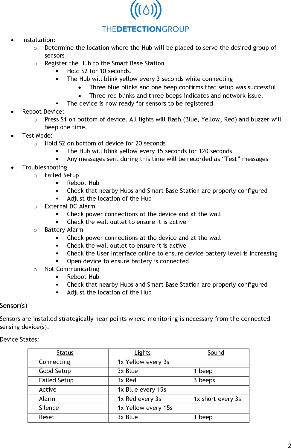   2  Installation: o Determine the location where the Hub will be placed to serve the desired group of sensors o Register the Hub to the Smart Base Station  Hold S2 for 10 seconds.  The Hub will blink yellow every 3 seconds while connecting  Three blue blinks and one beep confirms that setup was successful  Three red blinks and three beeps indicates and network issue.  The device is now ready for sensors to be registered  Reboot Device:   o Press S1 on bottom of device. All lights will flash (Blue, Yellow, Red) and buzzer will beep one time.  Test Mode: o Hold S2 on bottom of device for 20 seconds  The Hub will blink yellow every 15 seconds for 120 seconds  Any messages sent during this time will be recorded as &ldquo;Test&rdquo; messages  Troubleshooting o Failed Setup  Reboot Hub  Check that nearby Hubs and Smart Base Station are properly configured  Adjust the location of the Hub o External DC Alarm  Check power connections at the device and at the wall  Check the wall outlet to ensure it is active o Battery Alarm  Check power connections at the device and at the wall  Check the wall outlet to ensure it is active  Check the User Interface online to ensure device battery level is increasing  Open device to ensure battery is connected o Not Communicating  Reboot Hub  Check that nearby Hubs and Smart Base Station are properly configured  Adjust the location of the Hub Sensor(s) Sensors are installed strategically near points where monitoring is necessary from the connected sensing device(s). Device States: Status Lights Sound Connecting 1x Yellow every 3s  Good Setup 3x Blue 1 beep Failed Setup 3x Red 3 beeps Active 1x Blue every 15s  Alarm 1x Red every 3s 1x short every 3s Silence 1x Yellow every 15s  Reset 3x Blue 1 beep 