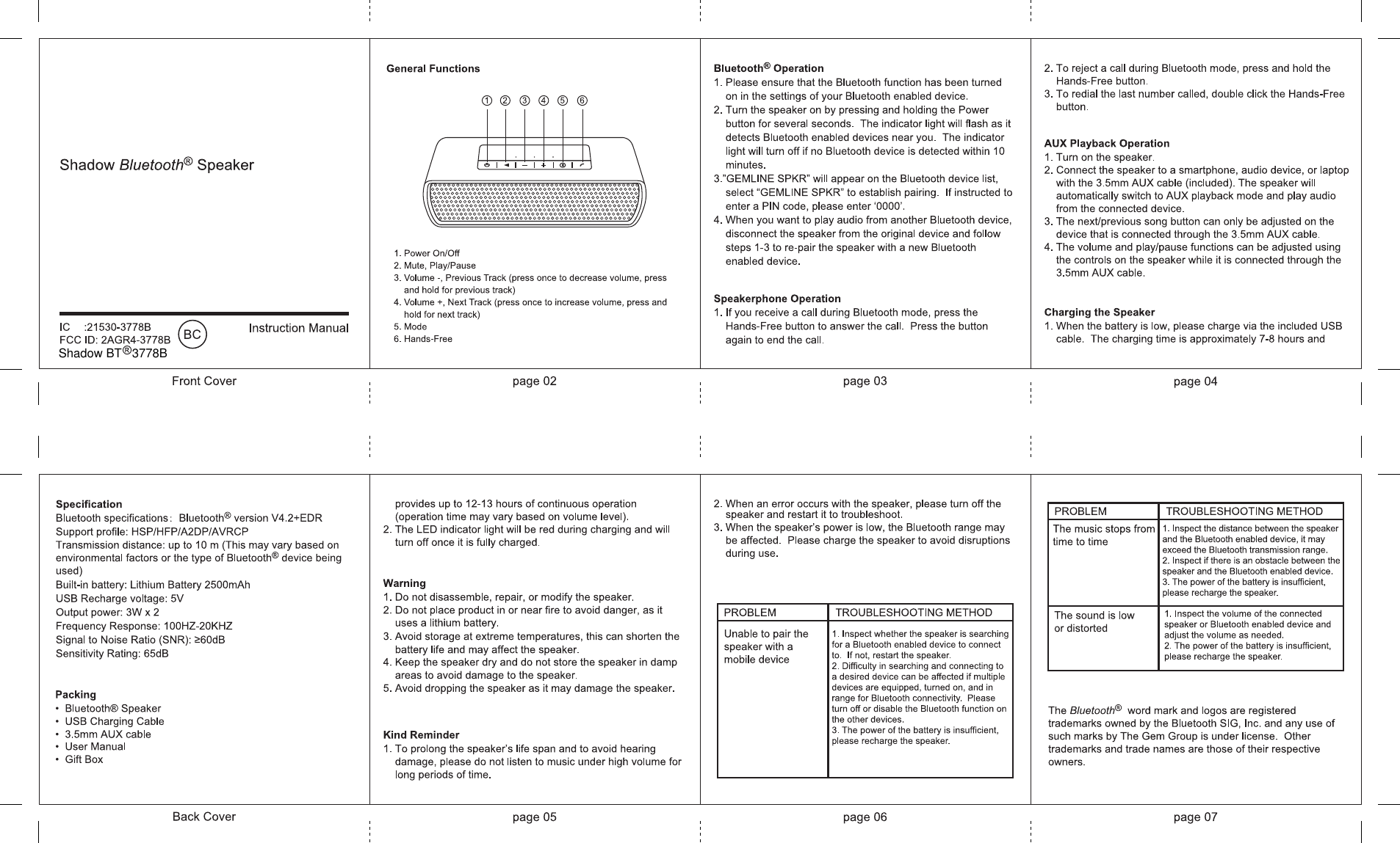 The Gem Group 3778B Bluetooth Speaker User Manual 3778 Shadow Bluetooth