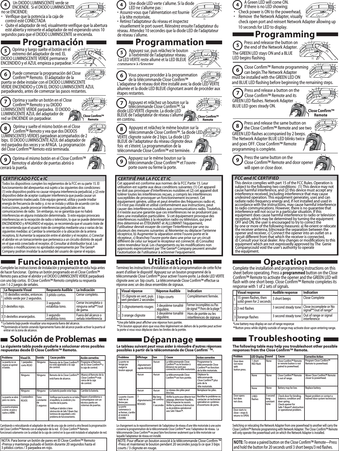 Close Confirm™RemoteClose Confirm™RemoteClose Confirm™Press and release a button on the Close Confirm™ Remote and its 7RemoteGREEN LED flashes. Network Adapter BLUE LED goes steady ON.  A Green LED will come ON.  If there is no LED showing; s #HECKPOWERIS/.TOTHEPOWERHEADs 2EMOVETHE.ETWORK!DAPTERVISUALLYcheck open port and reinsert Network Adapter allowing up  10 seconds for LED to display. 45The Genuine. The Original.Close Confirm™ Remote programming can begin.The Network Adapter     Switching or relocating the Network Adapter from one powerhead to another will carry the Close Confirm™ Remote programming with Network Adapter. The Close Confirm™ Remote will only operate the powerhead unit on which the Network Adapter is installed. Le changement ou le repositionnement de l’adaptateur de réseau d’une tête motorisée à une autre conserve la programmation de la télécommande Close Confirm™ avec l’adaptateur de réseau.  La télécommande Close Confirm™ ne peut faire fonctionner seulement que la tête motorisée sur laquelle l&apos;adaptateur de réseau est installé. NOTE: Pour effacer un bouton associé à la télécommande Close Confirm ™ -Press et maintenez le bouton pendant 20 secondes jusqu&apos;à ce que 3 bips courts / 3 clignote en rouge.Cambiando o relocalizando el adaptador de red de una caja de control a otra llevará la programación del Close Confirm™ Remoto con el adaptador de la red.   El Close Confirm™ Remoto funcionará solamente con la unidad de la caja de control en la que esté instalado el adaptador de red.NOTA: Para borrar un botón de pares en El Close Confirm™ Remoto-Prensa y mantenga pulsado el botón durante 20 segundos hasta el 3 pitidos cortos / 3 parpadea en rojo.8Press and releasse the button on   the end of the Network Adapter.  The GREEN LED stays ON and a BLUE LED begins flashing.    6The following table may help you troubleshoot other possible responses from the Close Confirm™ Remote.Complete the installation and programming instructions on this  sheet before operating. Press a programmed button on the Close Confirm™ Remote to activate the opener and the GREEN LED will flash with one short beep. Close Confirm™ Remote completes its response with 1 of 2 sets of signals.NOTE: To erase a paired button on the Close Confirm™ Remote—Press and hold the button for 20 seconds until 3 short beeps/3 red flashes.Press the same button on the Close Confirm™ Remote and door opener will open or close door. ProgrammingOperationTroubleshooting9must be installed with the GREEN LED ON and BLUE LED flashing before beginning the remaining steps.    GREEN LED flashes accompanied by 2 beeps. The Network Adapter BLUE LED blinks twice  and goes OFF. Close Confirm™ Remote  programming is complete.  Visual response Audible response Indication115 green flashes, then solid green for 2 seconds 3 short beeps Close Complete 3 red ﬂ ashes 3 second steady tone Close incomplete or No signal**/out of range* 3orange ﬂ ashes 3 second steady tone Out of range or signal interference*Low battery may display an out of range response.**Button press while slightly outside of range may activate door upon entering range.23  Une diode LED verte s’allume. Si la diode   LED ne s’allume pas :s!SSUREZVOUSQUELALIMENTATIONESTFOURNIE   à la tête motorisée,s2ETIREZLADAPTATEURDURÏSEAUETINSPECTEZ   visuellement le port ouvert. Réinsérez ensuite l’adaptateur du réseau. Attendez 10 secondes que la diode LED de l’adaptateur de réseau s’allume.     45Appuyez sur le même bouton sur la télécommande Close Confirm™ et l’ouvre-porte ouvre ou ferme la porte.                Appuyez et relâchez le même bouton sur la               télécommande Close Confirm™. Sa diode LED VERTE clignote suivie de 2 bips. La diode LED BLEUE de l’adaptateur du réseau clignote deux fois  et s’éteint. La programmation de la télécommande Close Confirm™ est terminée.               Appuyez et relâchez un bouton sur la                télécommande Close Confirm™. Sa diode LED VERTE clignote. La diode LED BLEUE de l’adaptateur de réseau s’allume en continu.8              Appuyez sur, puis relâchez le bouton               à l&apos;extrémité de l&apos;adaptateur réseau. La LED VERTE reste allumé et la LED BLEUE commence à clignoter. 67Le tableau suivant peut vous aider à résoudre d&apos;autres réponses possibles à partir de la télécommande de Close Confirm` ™.Terminez les instructions d&apos;installation et de la programmation de cette fiche avant d&apos;utiliser le dispositif. Appuyez sur un bouton programmé de la télécommande Close Confirm™ pour activer l’ouvre-porte. La diode LED VERTE clignote avec un  bip courts.  La télécommande Close Confirm™ effectue sa réponse avec un des deux ensembles de signaux. Utilisation9Visual réponse  Réponse Audible Indication115 clignote en vert, puis vert pendant 2 secondes 3 bips courts Complètement fermée.3 clignotements rouges 3 deuxième tonalité régulière.3 deuxième tonalité régulière.Fermer incomplètes ou Pas de signal **/hors de la plage *3 orange clignote  Hors de portée ou les interférences de signaux*Une pile faible peut afficher une réponse hors portée..**Un bouton appuyé alors que vous êtes légèrement en dehors de la portée peut activer la porte si vous vous déplacez dans les limites de la portée.23  Un DIODO LUMINISCENTE verde se               ENCIENDE.  Si el DIODO LUMINISCENTE no se ENCIENDE:s6ERIFIQUEQUELAPOTENCIAALACAJADE     control esté CONECTADAs1UITEELADAPTADORDEREDVISUALMENTEVERIFIQUEQUELAABERTURA     esté abierta y reinserte el adaptador de red esperando unos 10 segundos para que el DIODO LUMINISCENTE se encienda.     45              Puede comenzar la programación del Close   Confirm™ Remoto.  El adaptador de la puerta se debe instalar con el DIODO LUMINISCENTE VERDE ENCENDIDO y CON EL DIOSO LUMINISCENTE AZUL parpadeando, antes de comenzar las pasos restantes.                Oprima y suelte el mismo botón en el Close   Confirm™ Remoto y vea que dos DIODOS LUMINISCENTES VERDES parpadean acompañados de 2 bips.  El DIODO LUMINISCENTE AZUL del adaptador de red parpadea dos veces y se APAGA.  La programación del Close Confirm™ Remoto está terminada.               Oprima y suelte un botón en el Close   Confirm™ Remoto y su DIODO LUMINISCENTE VERDE parpadea.  El DIODO LUMINISCENTE AZUL del adaptador de red se ENCIENDE sin parpadear.8              Oprima y luego suelte el botón en el               extremo del adaptador de red. ELDIODO LUMINISCENTE VERDE permanece ENCENDIDO y el AZUL empieza a parpadear.679La siguiente tabla puede ayudarle a solucionar otros posibles respuestas desde El Close Confirm™ Remoto.Complete las instrucciones de instalación y programación en esta hoja antes de hacer funcionar.  Oprima un botón programado en el Close Confirm™ Remoto para activar el abridor y el DIODO LUMINISCENTE VERDE parpadeará con uno bip cortos.  El Close Confirm™ Remoto completa su respuesta con 1 ó 2 juegos de señales. Funcionamiento* La batería baja puede visualizar una respuesta fuera del alcance..**Oprimiendo el botón estando ligeramente fuera del alcance puede activar la puerta al     entrar en la zona de alcance.               Oprima el mismo botón en el Close Confirm™   Remotoy el abridor de puertas abrirá o cerrará la puerta.              Vous pouvez procéder à la programmation               de la télécommande Close Confirm™  L’adapateur de réseau doit être installé avec la diode LED VERTE allumée et la diode LED BLEUE clignotant avant de procéder aux étapes restantes. Press and release the same button on the Close Confirm™ Remote and see two ProgrammationProgramaciónFCC and IC CERTIFIEDThis device complies with part 15 of the FCC Rules. Operation is subject to the following two conditions:  (1) This device may not cause harmful interference, and (2) this device must accept any interference received, including interference that may cause undesired operation. This equipment generates, uses and can radiate radio frequency energy and, if not installed and used in accordance with the instructions, may cause harmful interference  to radio communications. However, there is no guarantee that interference will not occur in a particular situation. If thisequipment does cause harmful interference to radio or television reception, which may be determined by turning the equipmentOFF and ON, the user is encouraged to try to correct the   by one or more of the following measures: a) Re-orient or relocate  the receiver antenna, b)Increase the separation between the opener and receiver, c) Connect the opener into an outlet on a circuit different from that which the receiver is connected, d) Consult your local dealer. Any changes or modifications to this equipment which are not expressedly approved by The  Genie Companycould void the user’s authority to operate the equipment.CERTIFIÉ PAR LA FCC ET IC Cet appareil est conforme aux normes de la FCC Partie 15. Leur utilisation est sujette aux deux conditions suivantes: (1) Cet appareil ne doit pas provoquer d’interférences nuisibles et (2) cet appareil doit tolérer toutes les interférences reçues, y compris les interférences susceptibles de provoquer un fonctionnement incorrect. Cet équipement génère, utilise et peut émettre des fréquences radio et, s&apos;il n&apos;est pas installé et utilisé conformément aux instructions, peut causer des interférences nuisibles aux communications radio. Toutefois, il n&apos;existe aucune garantie que ces interférences ne se produiront pas dans une installation particulière.  Si cet équipement provoque des interférences nuisibles à la réception radio ou télévision, qui peut être déterminé en ÉTEIGNANT et ALLUMANT l&apos;équipement, l&apos;utilisateur devrait essayer de corriger l&apos;interférence par une ou plusieurs des mesures suivantes: a) Réorienter ou déplacer l&apos;antenne réceptrice, b) Augmenter la séparation entre l&apos;ouvre-porte et le récepteur, c) Branchez l&apos;ouvre-porte dans une prise sur un circuit différent de celui sur lequel le récepteur est connecté. d) Consultez votre revendeur local. Les changements ou les modifications non approuvés expressément par The Genie® Company peuvent annuler l’autorisation de l’utilisateur à actionner l’equipement.                     CERTIFICADO FCC e ICTodos los dispositivos cumplen los reglamentos de la FCC en su parte 15. El funcionamiento del abrepuertas esá sujeto a las siguientes dos condiciones:(1) este dispositivo podría no causar ninguna interferencia perjudicial, y (2) este dispositivo debe de aceptar cualquier interferencia que pueda causar un funcionamiento inadecuado. Este equipo general, utiliza y puede irradiar energía de frecuencia de radio y, si no se instala y utiliza de acuerdo con las instrucciones, puede provocar interferencias perjudiciales en las comunicaciones de radio.  Sin embargo, no se garantiza que no habrá interferencias en alguna instalación determinada.  Si este equipo provocara interferencias en la recepción de radio o televisión, lo que se puede determinar ENCENDIENDO y APAGANDO el equipo, se recomienda que el usuario trate de se recomienda que el usuario trate de corregirlas mediante una o varias de las siguientes medidas: a) Cambiar la orientación o la ubicación de la antena receptora, b) Aumentar la separación entre el abridor y el receptor, c) Conectar el abridor en un tomacorriente que pertenezca a un circuito distinto de aquél en el que está conectado el receptor, d) Consultar al distribuidor local. Los cambios o modificaciones no aprobados expresamente por The Genie® Company podrian invalidar la autoridad del usuario de operar el equipo.                 DépannageSolución de ProblemasLa Respuesta Visual Respuesta Audible La Indicación115 destellos verdes, entoncessólido verde por 2 segundos. 3 pitido cortos. Cerrar completo. 3 destellos rojo.  3 segundo estabiliza tono.3 segundo estabiliza tono.Cerrar incompleta o ninguna señal**/out de gama. 3 destellos anaranjados.  Fuera del alcance o señala interférencia 23Problem LED Display Sound Corrective ActionDoor does not move with button press.1 short RED flash NoneNone None None  None Close Confirm™ Remote or remote button is not paired to powerhead.  Close Confirm™ Remote is out of range.  Program Close Confirm™ Remote to powerhead.Move Close Confirm™ Remote closer to powerhead.Battery may be low. Replace battery.Door opens but does not close. 3 RED flashes Check door for binding, balance, condition and door spring. Check opener for Safe-T-Beam® obstruction or operational problem. Repair problem or contact a trained door system technician. Door starts to close—stops &amp; returns to OPEN.3 second long constant toneCauseProblème Affichage Son Cause Action correctiveLa porte ne bouge pas malgré le bouton appuyé.AucunAucun AucunAucun Aucun La télécommande Close Confirm™ ou le bouton à distance ne sont pas connectés à la tête motorisée. La télécommande Close Confirm™ est hors portée.Programmer la télécommande Close Confirm™ en fonction de la tête motorisée.Déplacer la télécommande Close Confirm™ plus près de la tête motorisée.Le niveau des piles peut être bas. Remplacer les piles.La porte s’ouvre mais ne se ferme pas.3 clignotements ROUGESVérifier la porte pour détecter tout grippage, déterminer l’équilibre, l’état et inspecter les ressorts. Vérifier la présence d’obstruction ou de problème opérationnel avec Safe-T-Beam™.Rectifier le problème ou contacter un technicien spécialisé en systèmes d&apos;ouvertures de porte.La porte commence à se fermer, s’arrête et revient à OUVRIR.Bip long en continu de 3 secondes1 clignotement rapide ROUGEProblema Visual DL Sonido Cause posible Acción correctivaLa puerta no se mueve al oprimir el botón.NingunoNinguno NingunoNinguno Ninguno Remoto de la Close Confirm™ no está apareado a la caja de control. Remoto de la Close Confirm™ está fuera de alcance.Programe el Remoto de la Close Confirm™ a la caja de control.Mueva el Remoto de la Close Confirm™ más cerca de la caja de control.La batería puede estar baja. Cambie la batería.La puerta se abre pero no cierra.3 parpadeos ROJOSVerifique que la puerta no se trabe, el equilibrio, la condición y los resortes de la puerta.Verifique el abridor si tiene obstrucción de Safe-T-Beam (haz luminoso de seguridad) u otro problema de funcionamiento.Repare el problema o comuníquese con untécnico perito en sistemas de puertas.La puerta empieza a cerrar, se para y vuelve a ABRIR.Tono constante de 3 segunos1 parpadeo corto ROJO