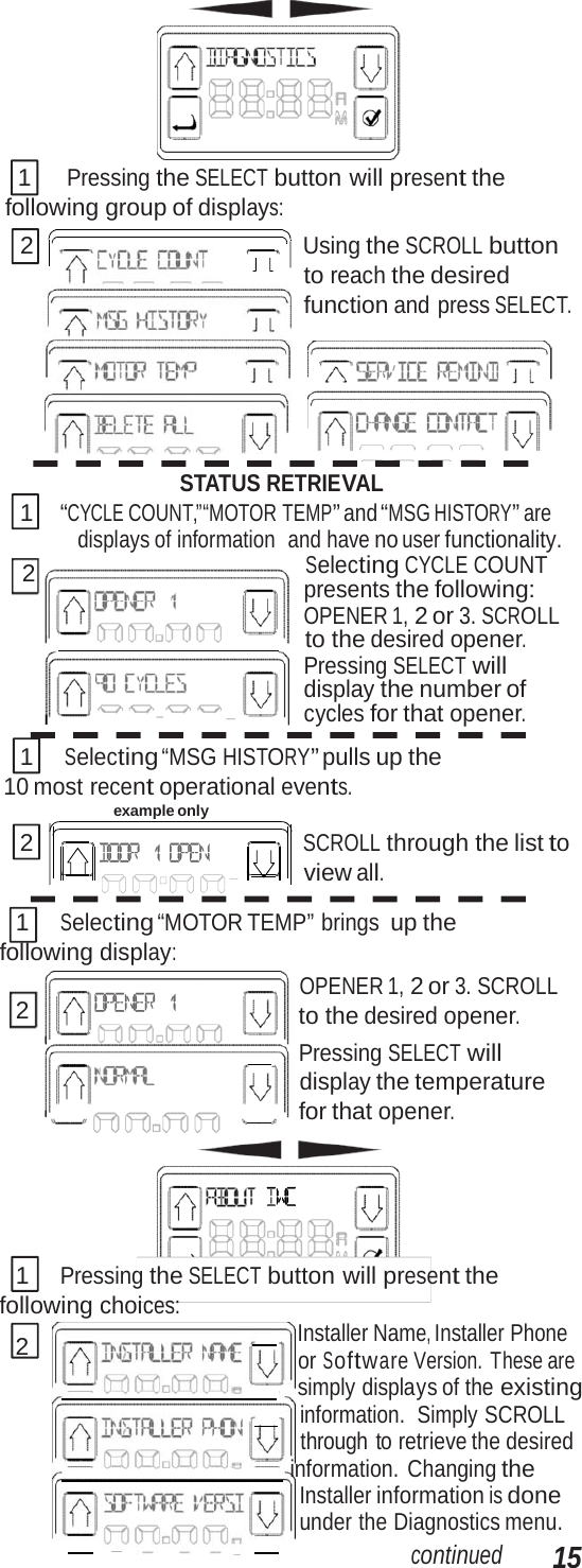  1 Pressing the SELECT button will present the following group of displays: 2 Using the SCROLL button to reach the desired function and press SELECT. STATUS RETRIEVAL 1 “CYCLE COUNT,”“MOTOR TEMP” and “MSG HISTORY” are displays of information  and have no user functionality. 2 Selecting CYCLE COUNT presents the following: OPENER 1, 2 or 3. SCROLL    to the desired opener. Pressing SELECT will display the number of cycles for that opener. 1 Selecting “MSG HISTORY” pulls up the 10 most recent operational events. example only 2 SCROLL through the list to view all. 1 Selecting “MOTOR TEMP” brings up the following display: OPENER 1, 2 or 3. SCROLL 2  to the desired opener.      Pressing SELECT will display the temperature       for that opener. 1 Pressing the SELECT button will present the following choices: 2        Installer Name, Installer Phone or Software Version. These are          simply displays of the existing        information.  Simply SCROLL through to retrieve the desired    information. Changing the Installer information is done under the Diagnostics menu. continued 15 