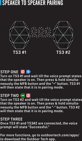 SPEAKER TO SPEAKER PAIRINGSTEP ONETurn on TS3 #1 and wait till the voice prompt states that the speaker is on. Then press &amp; hold simulta-neously the MFB button and the “+” button. TS3 #1 will then state that it is in pairing mode.TS3 #1 TS3 #2STEP TWOTurn on TS3 #2 and wait till the voice prompt states that the speaker is on. Then press &amp; hold simulta-neously the MFB button and the “-” button. TS3 #2 will then state that it is in pairing mode.STEP THREEOnce TS3 #1 and TS3#2 are connected, the voice prompt will state “Successful.”For more functions, go to outdoortech.com/apps/ to download the Outdoor Tech app.