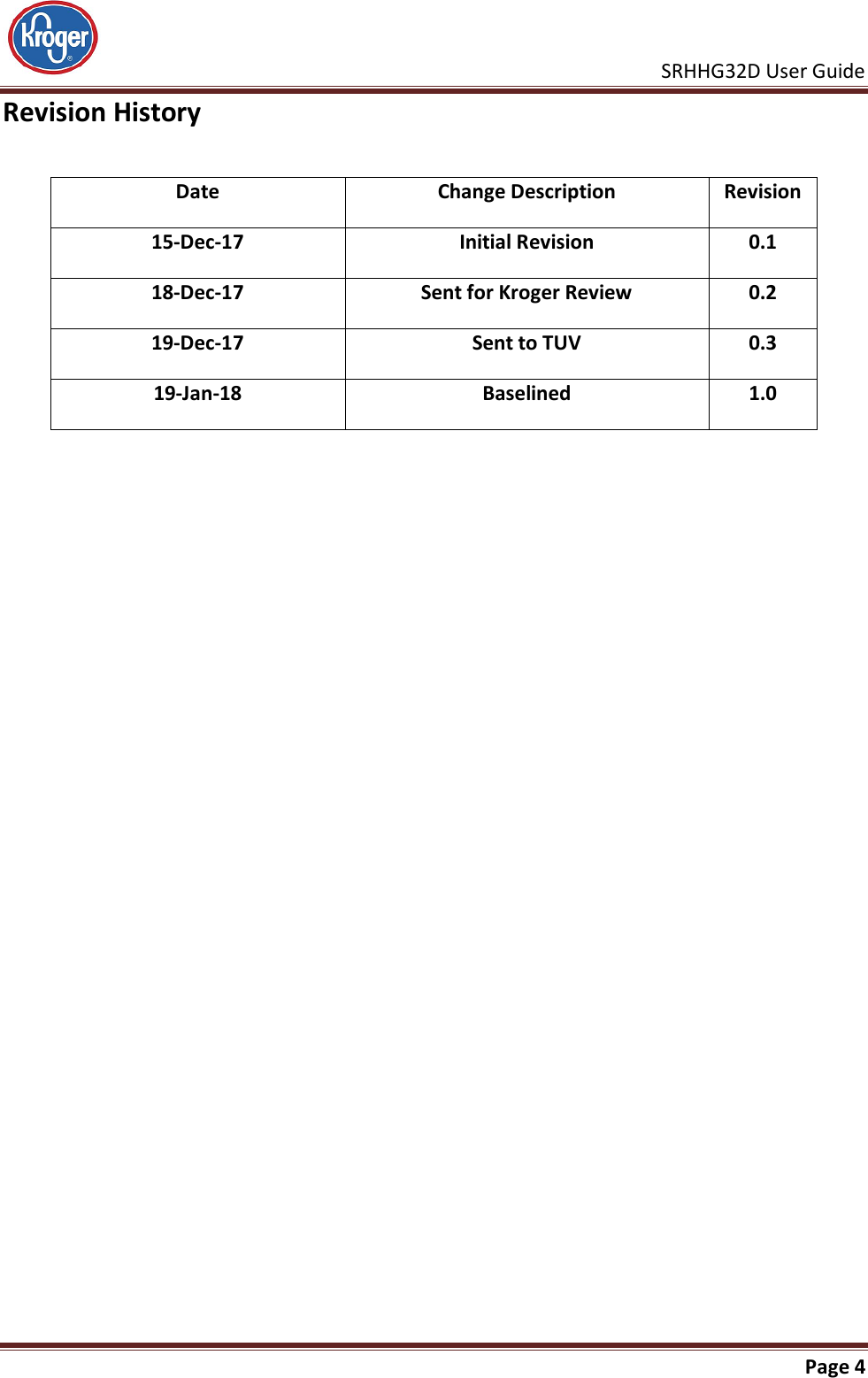     SRHHG32D User Guide                                                               Page 4  Revision History  Date Change Description Revision 15-Dec-17 Initial Revision 0.1 18-Dec-17 Sent for Kroger Review 0.2 19-Dec-17 Sent to TUV 0.3 19-Jan-18 Baselined 1.0  