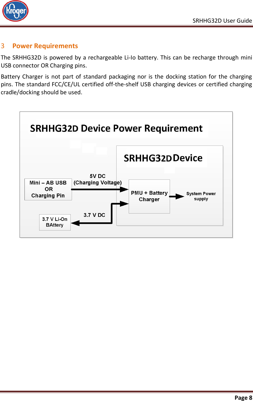     SRHHG32D User Guide                                                               Page 8   3 Power Requirements The SRHHG32D is powered by a rechargeable Li-Io battery. This can be recharge through mini USB connector OR Charging pins. Battery  Charger  is  not part  of  standard  packaging nor  is  the  docking station for the  charging pins. The standard FCC/CE/UL certified off-the-shelf USB charging devices or certified charging cradle/docking should be used.      