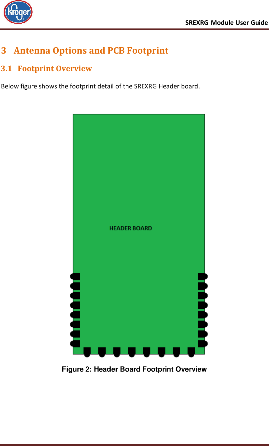      SREXRG Module User Guide  Rev 1.2 Page 7 3 Antenna Options and PCB Footprint 3.1 Footprint Overview Below figure shows the footprint detail of the SREXRG Header board.   Figure 2: Header Board Footprint Overview    