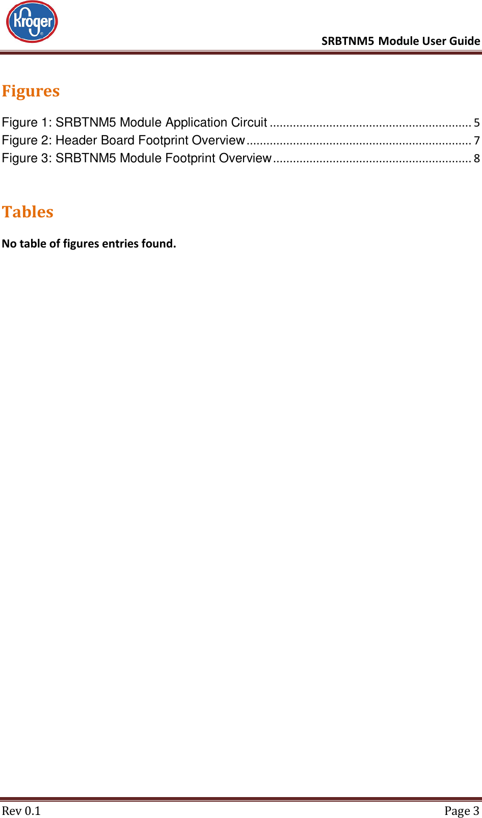      SRBTNM5 Module User Guide  Rev 0.1  Page 3 Figures Figure 1: SRBTNM5 Module Application Circuit ............................................................. 5 Figure 2: Header Board Footprint Overview .................................................................... 7 Figure 3: SRBTNM5 Module Footprint Overview ............................................................ 8  Tables No table of figures entries found.   