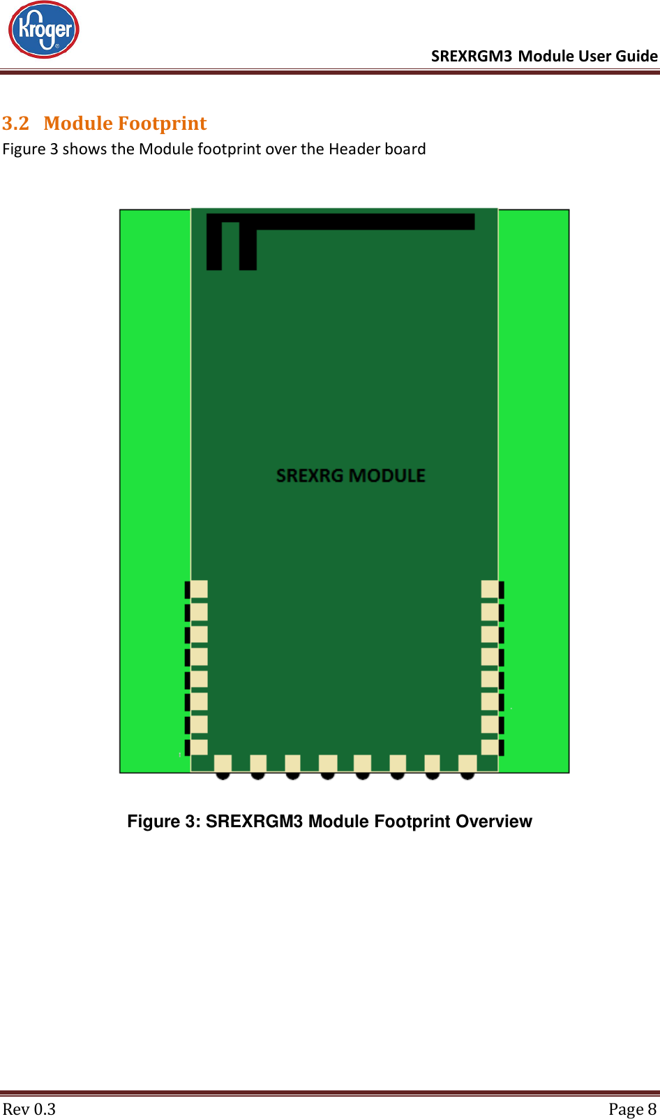      SREXRGM3 Module User Guide  Rev 0.3  Page 8 3.2 Module Footprint Figure 3 shows the Module footprint over the Header board  Figure 3: SREXRGM3 Module Footprint Overview    