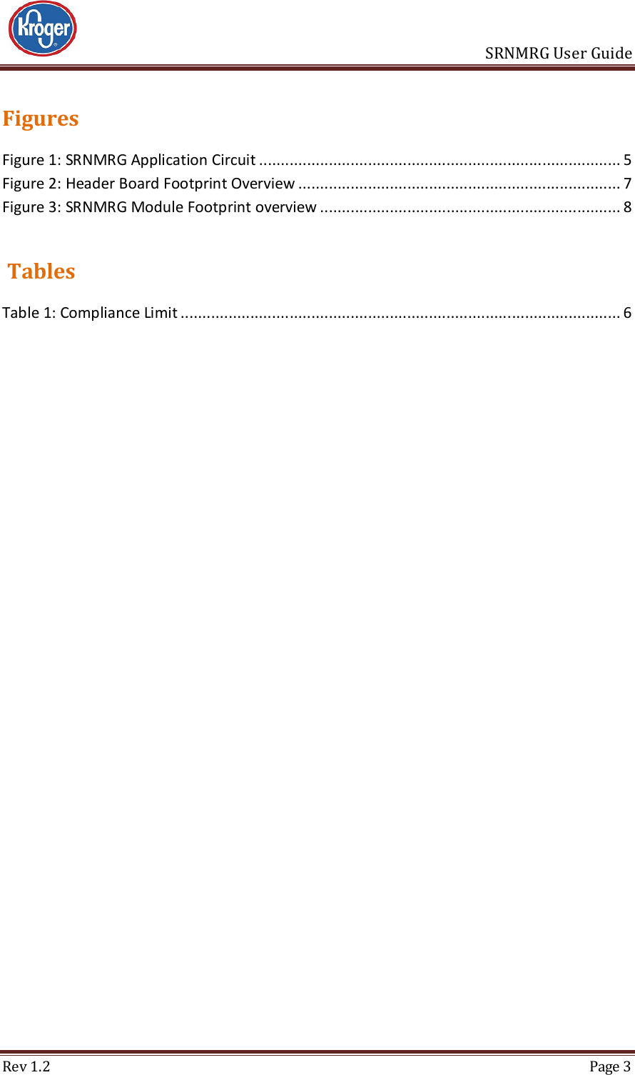                       SRNMRG User Guide Rev 1.2  Page 3 Figures Figure 1: SRNMRG Application Circuit ................................................................................... 5 Figure 2: Header Board Footprint Overview .......................................................................... 7 Figure 3: SRNMRG Module Footprint overview ..................................................................... 8   Tables Table 1: Compliance Limit ..................................................................................................... 6     