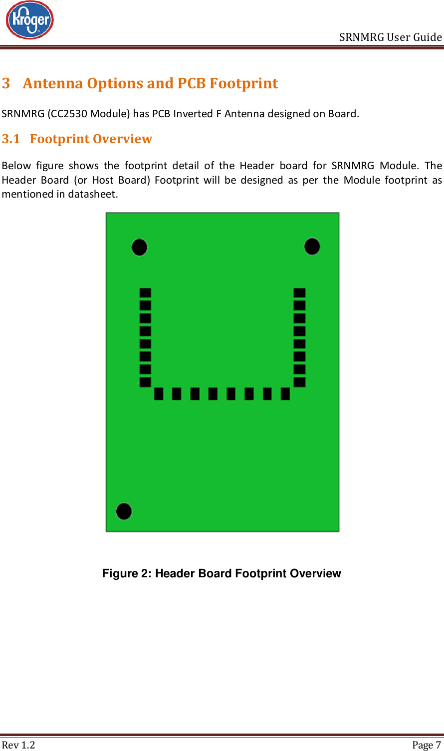                       SRNMRG User Guide Rev 1.2  Page 7 3 Antenna Options and PCB Footprint SRNMRG (CC2530 Module) has PCB Inverted F Antenna designed on Board.  3.1 Footprint Overview Below  figure  shows  the  footprint  detail  of  the  Header  board  for  SRNMRG  Module.  The Header  Board  (or  Host  Board)  Footprint  will  be  designed  as  per  the  Module  footprint  as mentioned in datasheet.   Figure 2: Header Board Footprint Overview    