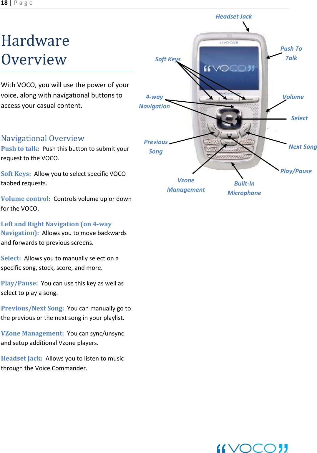 18|Page HardwareOverviewWithVOCO,youwillusethepowerofyourvoice,alongwithnavigationalbuttonstoaccessyourcasualcontent. NavigationalOverviewCO.tspecificVOCOAllowsyoutomovebackwards.Play/Pause:Youcanusethiskeyaswellastoplayasong.ong:Youcanmanuallygotothepreviousorthenextsonginyourplaylist.  Pushtotalk:PushthisbuttontosubmityourrequesttotheVOSoftKeys:Allowyoutoselectabbedrequests.Volumecontrol:ControlsvolumeupordownfortheVOCO.LeftandRightNavigation(on4wayNavigation):andforwardstopreviousscreens.Select:Allowsyoutomanuallyselectonaspecificsong,stock,score,andmoreselectPrevious/NextSVZoneManagement:Youcansync/unsyncandsetupadditionalVzoneplayers.HeadsetJack:AllowsyoutolistentomusicthroughtheVoiceCommander.  SoftKeysNextSongPreviousSongPlay/PauseVzoneManagementSelectVolumePushToTalk4‐wayNavigationBuilt‐InMicrophoneHeadsetJack
