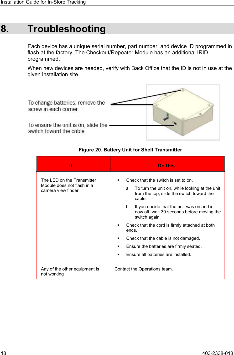 Installation Guide for In-Store Tracking 8. Troubleshooting Each device has a unique serial number, part number, and device ID programmed in flash at the factory. The Checkout/Repeater Module has an additional IRID programmed. When new devices are needed, verify with Back Office that the ID is not in use at the given installation site.  Figure 20. Battery Unit for Shelf Transmitter If&hellip;  Do this: The LED on the Transmitter Module does not flash in a camera view finder   Check that the switch is set to on.  a.  To turn the unit on, while looking at the unit from the top, slide the switch toward the cable. b.  If you decide that the unit was on and is now off, wait 30 seconds before moving the switch again.   Check that the cord is firmly attached at both ends.   Check that the cable is not damaged.   Ensure the batteries are firmly seated.   Ensure all batteries are installed. Any of the other equipment is not working Contact the Operations team. 18  403-2338-018 
