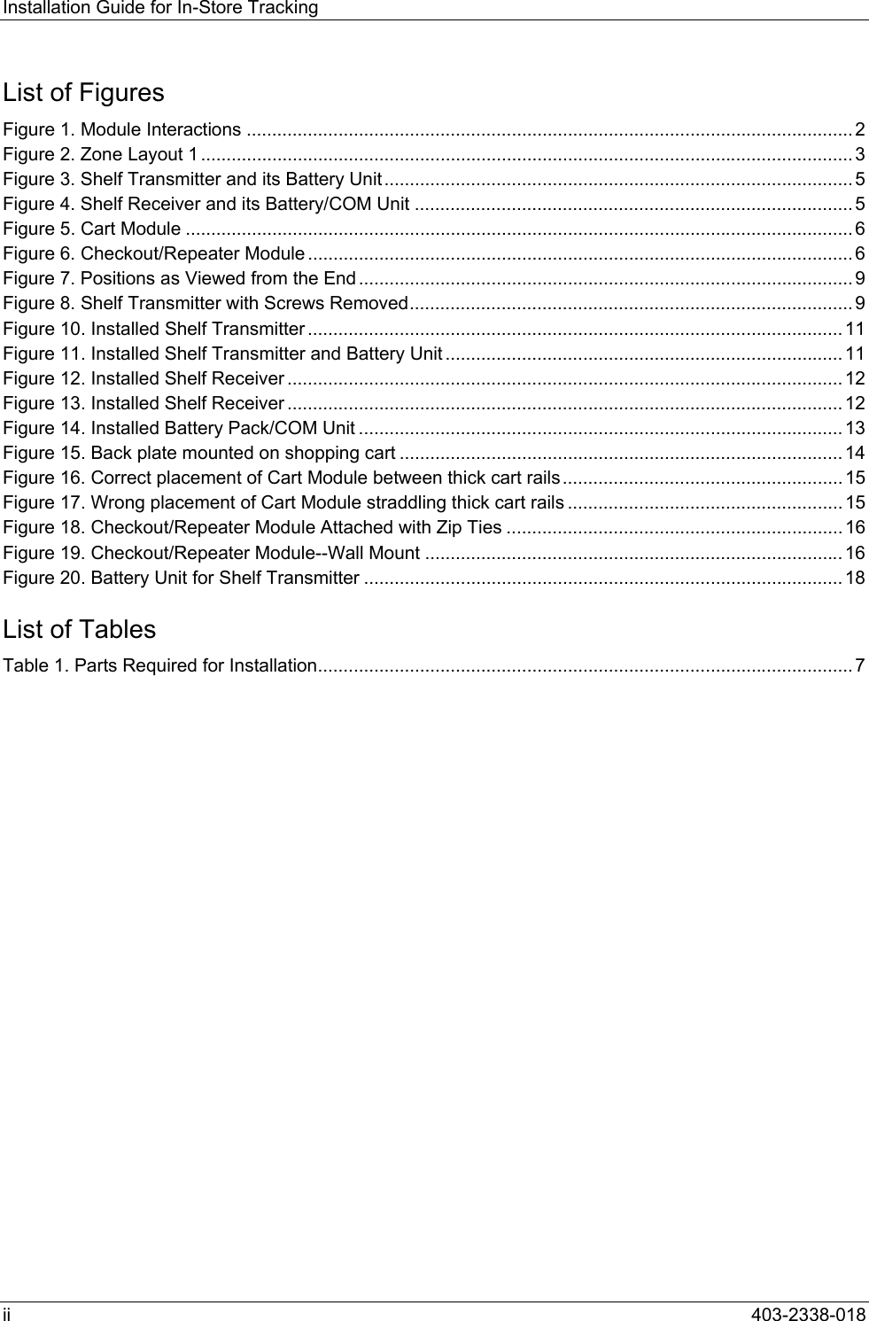 Installation Guide for In-Store Tracking List of Figures  Figure 1. Module Interactions ....................................................................................................................... 2 Figure 2. Zone Layout 1 ................................................................................................................................ 3 Figure 3. Shelf Transmitter and its Battery Unit............................................................................................ 5 Figure 4. Shelf Receiver and its Battery/COM Unit ...................................................................................... 5 Figure 5. Cart Module ................................................................................................................................... 6 Figure 6. Checkout/Repeater Module ........................................................................................................... 6 Figure 7. Positions as Viewed from the End ................................................................................................. 9 Figure 8. Shelf Transmitter with Screws Removed....................................................................................... 9 Figure 10. Installed Shelf Transmitter ......................................................................................................... 11 Figure 11. Installed Shelf Transmitter and Battery Unit .............................................................................. 11 Figure 12. Installed Shelf Receiver ............................................................................................................. 12 Figure 13. Installed Shelf Receiver ............................................................................................................. 12 Figure 14. Installed Battery Pack/COM Unit ............................................................................................... 13 Figure 15. Back plate mounted on shopping cart ....................................................................................... 14 Figure 16. Correct placement of Cart Module between thick cart rails ....................................................... 15 Figure 17. Wrong placement of Cart Module straddling thick cart rails ...................................................... 15 Figure 18. Checkout/Repeater Module Attached with Zip Ties .................................................................. 16 Figure 19. Checkout/Repeater Module--Wall Mount .................................................................................. 16 Figure 20. Battery Unit for Shelf Transmitter .............................................................................................. 18 List of Tables  Table 1. Parts Required for Installation......................................................................................................... 7 ii  403-2338-018 