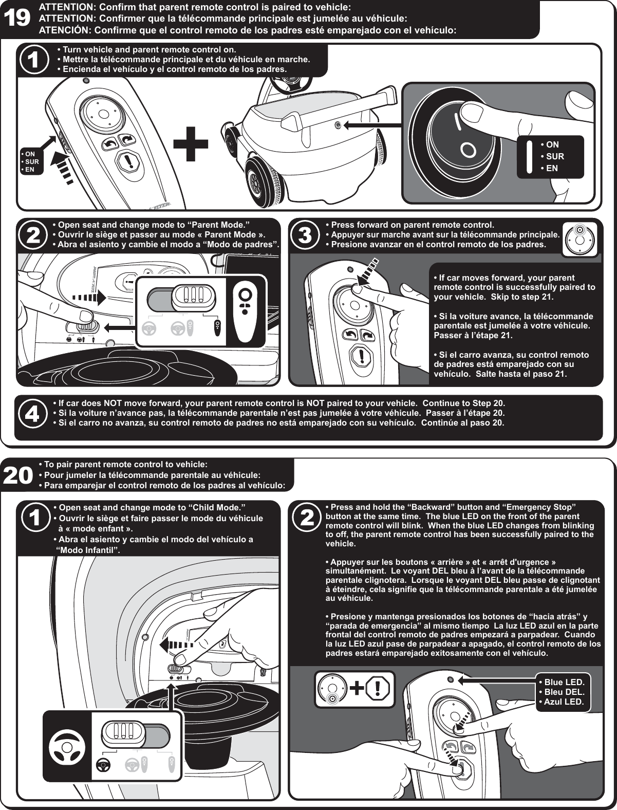 ATTENTION: Confirm that parent remote control is paired to vehicle:ATTENTION: Confirmer que la t&eacute;l&eacute;commande principale est jumel&eacute;e au v&eacute;hicule:ATENCI&Oacute;N: Confirme que el control remoto de los padres est&eacute; emparejado con el veh&iacute;culo:19&bull; To pair parent remote control to vehicle:&bull; Pour jumeler la t&eacute;l&eacute;commande parentale au v&eacute;hicule:&bull; Para emparejar el control remoto de los padres al veh&iacute;culo:20&bull; Turn vehicle and parent remote control on.&bull; Mettre la t&eacute;l&eacute;commande principale et du v&eacute;hicule en marche.&bull; Encienda el veh&iacute;culo y el control remoto de los padres.&bull; ON&bull; SUR&bull; EN+&bull; ON&bull; SUR&bull; EN&bull; Open seat and change mode to &ldquo;Parent Mode.&rdquo;&bull; Ouvrir le si&egrave;ge et passer au mode &laquo; Parent Mode &raquo;.&bull; Abra el asiento y cambie el modo a &ldquo;Modo de padres&rdquo;.&bull; Press forward on parent remote control.&bull; Appuyer sur marche avant sur la t&eacute;l&eacute;commande principale.&bull; Presione avanzar en el control remoto de los padres.&bull; If car moves forward, your parent remote control is successfully paired to your vehicle.  Skip to step 21.&bull; Si la voiture avance, la t&eacute;l&eacute;commande parentale est jumel&eacute;e &agrave; votre v&eacute;hicule.  Passer &agrave; l&rsquo;&eacute;tape 21.&bull; Si el carro avanza, su control remoto de padres est&aacute; emparejado con su veh&iacute;culo.  Salte hasta el paso 21.&bull; If car does NOT move forward, your parent remote control is NOT paired to your vehicle.  Continue to Step 20.&bull; Si la voiture n&rsquo;avance pas, la t&eacute;l&eacute;commande parentale n&rsquo;est pas jumel&eacute;e &agrave; votre v&eacute;hicule.  Passer &agrave; l&rsquo;&eacute;tape 20.&bull; Si el carro no avanza, su control remoto de padres no est&aacute; emparejado con su veh&iacute;culo.  Contin&uacute;e al paso 20.&bull; Open seat and change mode to &ldquo;Child Mode.&rdquo;&bull; Ouvrir le si&egrave;ge et faire passer le mode du v&eacute;hicule   &agrave; &laquo; mode enfant &raquo;.&bull; Abra el asiento y cambie el modo del veh&iacute;culo a  &ldquo;Modo Infantil&rdquo;.&bull; Press and hold the &ldquo;Backward&rdquo; button and &ldquo;Emergency Stop&rdquo; button at the same time.  The blue LED on the front of the parent remote control will blink.  When the blue LED changes from blinking to off, the parent remote control has been successfully paired to the vehicle.&bull; Appuyer sur les boutons &laquo; arri&egrave;re &raquo; et &laquo; arr&ecirc;t d'urgence &raquo; simultan&eacute;ment.  Le voyant DEL bleu &agrave; l&rsquo;avant de la t&eacute;l&eacute;commande parentale clignotera.  Lorsque le voyant DEL bleu passe de clignotant &agrave; &eacute;teindre, cela signifie que la t&eacute;l&eacute;commande parentale a &eacute;t&eacute; jumel&eacute;e au v&eacute;hicule.&bull; Presione y mantenga presionados los botones de &ldquo;hacia atr&aacute;s&rdquo; y &ldquo;parada de emergencia&rdquo; al mismo tiempo  La luz LED azul en la parte frontal del control remoto de padres empezar&aacute; a parpadear.  Cuando la luz LED azul pase de parpadear a apagado, el control remoto de los padres estar&aacute; emparejado exitosamente con el veh&iacute;culo.&bull; Blue LED.&bull; Bleu DEL.&bull; Azul LED.