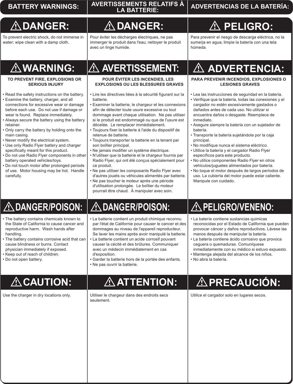 To prevent electric shock, do not immerse in water; wipe clean with a damp cloth.Pour &eacute;viter les d&eacute;charges &eacute;lectriques, ne pas immerger le produit dans l'eau; nettoyer le produit avec un linge humide.Para prevenir el riesgo de descarga el&eacute;ctrica, no la sumerja en agua; limpie la bater&iacute;a con una tela h&uacute;meda.DANGER: DANGER: PELIGRO:ATTENTION: PRECAUCI&Oacute;N:CAUTION:TO PREVENT FIRE, EXPLOSIONS OR SERIOUS INJURY&bull; Read the safety instructions on the battery.&bull; Examine the battery, charger, and all connections for excessive wear or damage before each use.  Do not use if damage or wear is found.  Replace immediately.  &bull; Always secure the battery using the battery retainer. &bull; Only carry the battery by holding onto the main casing.  &bull; Never modify the electrical system.&bull; Use only Radio Flyer battery and charger specifically meant for this product.&bull; Do not use Radio Flyer components in other battery operated vehicles/toys.&bull; Do not touch motor after prolonged periods of use.  Motor housing may be hot.  Handle carefully.POUR &Eacute;VITER LES INCENDIES, LES EXPLOSIONS OU LES BLESSURES GRAVES&bull; Lire les directives li&eacute;es &agrave; la s&eacute;curit&eacute; figurant sur la batterie.&bull; Examiner la batterie, le chargeur et les connexions afin de d&eacute;tecter toute usure excessive ou tout dommage avant chaque utilisation.  Ne pas utiliser si le produit est endommag&eacute; ou que de l'usure est d&eacute;cel&eacute;e.  Le remplacer imm&eacute;diatement.  &bull; Toujours fixer la batterie &agrave; l'aide du dispositif de retenue de batterie. &bull; Toujours transporter la batterie en la tenant par son bo&icirc;tier principal.  &bull; Ne jamais modifier un syst&egrave;me &eacute;lectrique.&bull; N'utiliser que la batterie et le chargeur fournis par Radio Flyer, qui ont &eacute;t&eacute; con&ccedil;us sp&eacute;cialement pour ce produit.&bull; Ne pas utiliser les composants Radio Flyer avec d'autres jouets ou v&eacute;hicules aliment&eacute;s par batterie.&bull; Ne pas toucher le moteur apr&egrave;s une p&eacute;riode d'utilisation prolong&eacute;e.  Le bo&icirc;tier du moteur pourrait &ecirc;tre chaud.  &Agrave; manipuler avec soin.PARA PREVENIR INCENDIOS, EXPLOSIONES O LESIONES GRAVES&bull; Lea las instrucciones de seguridad en la bater&iacute;a.&bull; Verifique que la bater&iacute;a, todas las conexiones y el cargador no est&eacute;n excesivamente gastados o da&ntilde;ados antes de cada uso. No utilizar si encuentra da&ntilde;os o desgaste. Reemplace de inmediato.  &bull; Asegure siempre la bater&iacute;a con un sujetador de bater&iacute;a. &bull; Transporte la bater&iacute;a sujet&aacute;ndola por la caja principal.  &bull; No modifique nunca el sistema el&eacute;ctrico.&bull; Utilice la bater&iacute;a y el cargador Radio Flyer espec&iacute;ficos para este producto.&bull; No utilice componentes Radio Flyer en otros veh&iacute;culos/juguetes alimentados por bater&iacute;a.&bull; No toque el motor despu&eacute;s de largos per&iacute;odos de uso. La cubierta del motor puede estar caliente. Manipule con cuidado.WARNING:AVERTISSEMENT:ADVERTENCIA:DANGER/POISON:&bull; The battery contains chemicals known to the State of California to cause cancer and reproductive harm.  Wash hands after handling.&bull; The battery contains corrosive acid that can cause blindness or burns. Contact physician immediately if exposed.&bull; Keep out of reach of children.&bull; Do not open battery.DANGER/POISON:&bull; La batterie contient un produit chimique reconnu par l'&eacute;tat de Californie pour causer le cancer et des dommages au niveau de l'appareil reproducteur.  Se laver les mains apr&egrave;s avoir manipul&eacute; la batterie.&bull; La batterie contient un acide corrosif pouvant causer la c&eacute;cit&eacute; et des br&ucirc;lures. Communiquer avec un m&eacute;decin imm&eacute;diatement en cas d'exposition.&bull; Garder la batterie hors de la port&eacute;e des enfants.&bull; Ne pas ouvrir la batterie.PELIGRO/VENENO:&bull; La bater&iacute;a contiene sustancias qu&iacute;micas reconocidas por el Estado de California que pueden provocar c&aacute;ncer y da&ntilde;os reproductivos. L&aacute;vese las manos despu&eacute;s de manipular la bater&iacute;a.&bull; La bater&iacute;a contiene &aacute;cido corrosivo que provoca ceguera o quemaduras. Comun&iacute;quese inmediatamente con su m&eacute;dico si estuvo expuesto.&bull; Mantenga alejada del alcance de los ni&ntilde;os.&bull; No abra la bater&iacute;a.BATTERY WARNINGS: AVERTISSEMENTS RELATIFS &Agrave; LA BATTERIE: ADVERTENCIAS DE LA BATER&Iacute;A:Use the charger in dry locations only. Utiliser le chargeur dans des endroits secs seulement.Utilice el cargador solo en lugares secos.