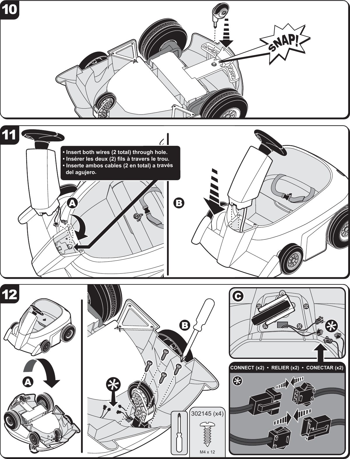 CONNECT (x2)  &bull;  RELIER (x2)  &bull;  CONECTAR (x2)&bull; Insert both wires (2 total) through hole.&bull; Ins&eacute;rer les deux (2) fils &agrave; travers le trou. &bull; Inserte ambos cables (2 en total) a trav&eacute;s   del agujero. 121110302145 (x4)M4 x 12